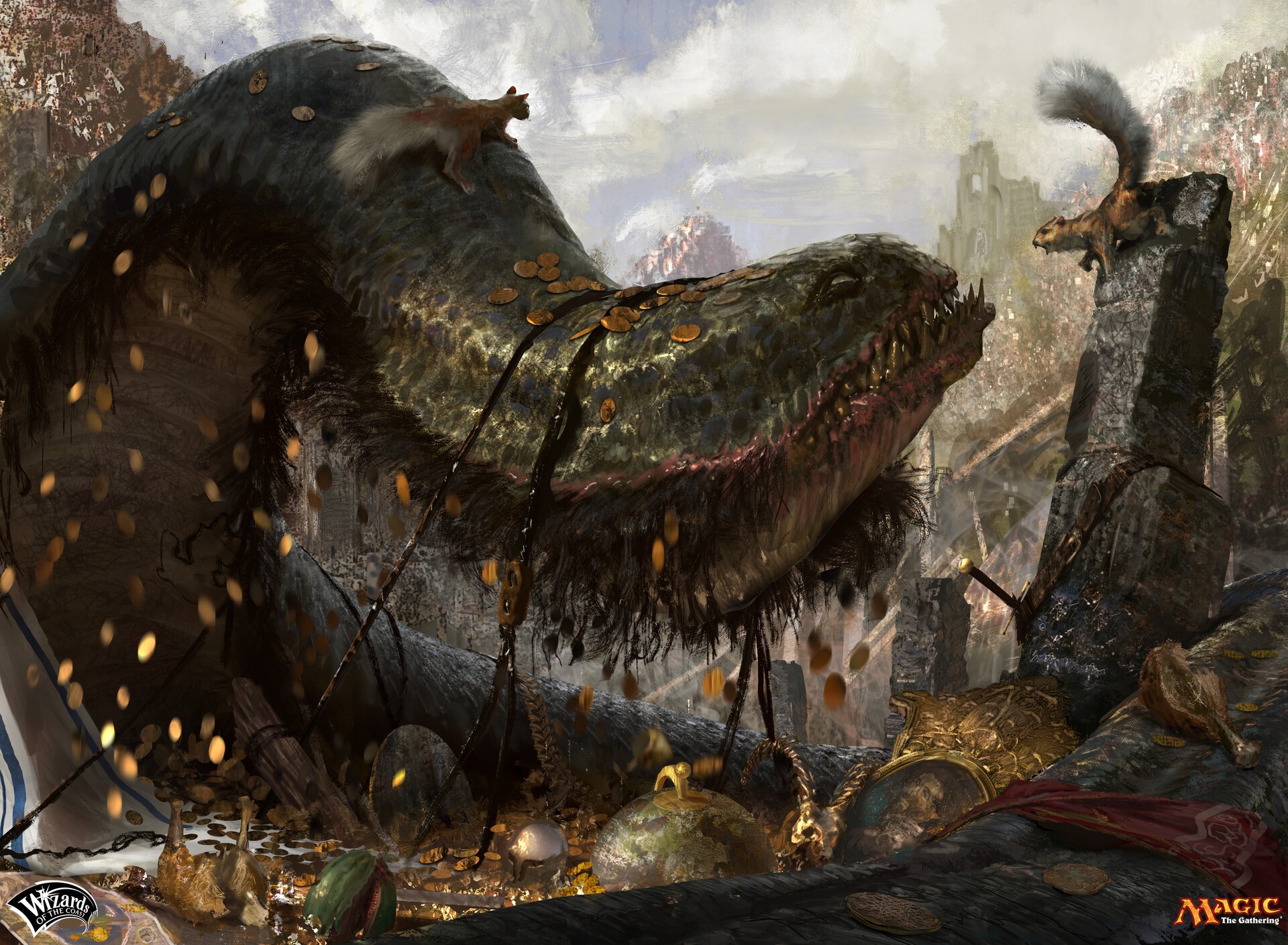 gold, Magic: The Gathering, creature, squirrel, Wizards of the Coast, fantasy art, treasure, Campbell White HD Wallpaper