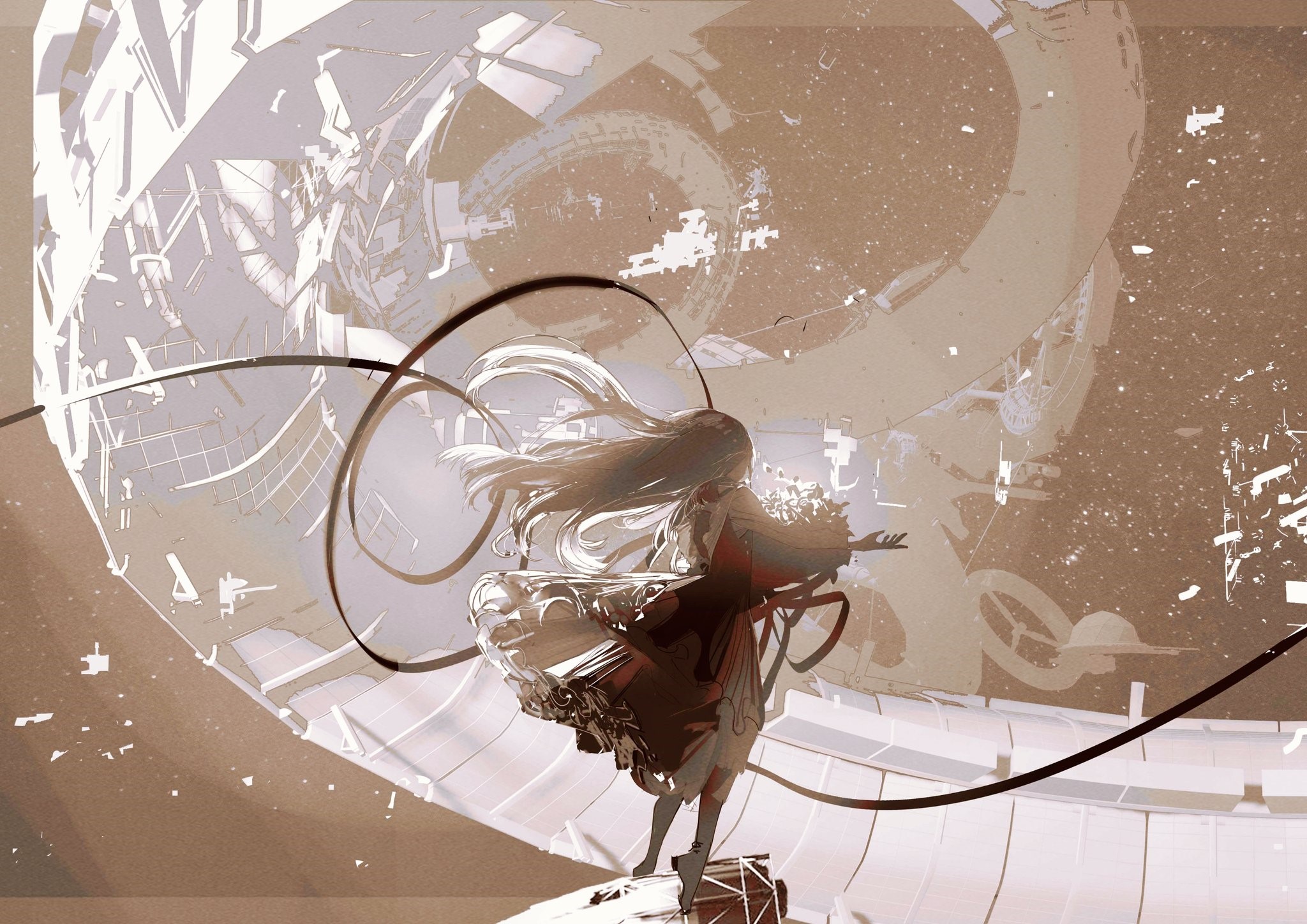ribbons, flowers, anime, stars, anime girls, spaceship, long hair, space HD Wallpaper
