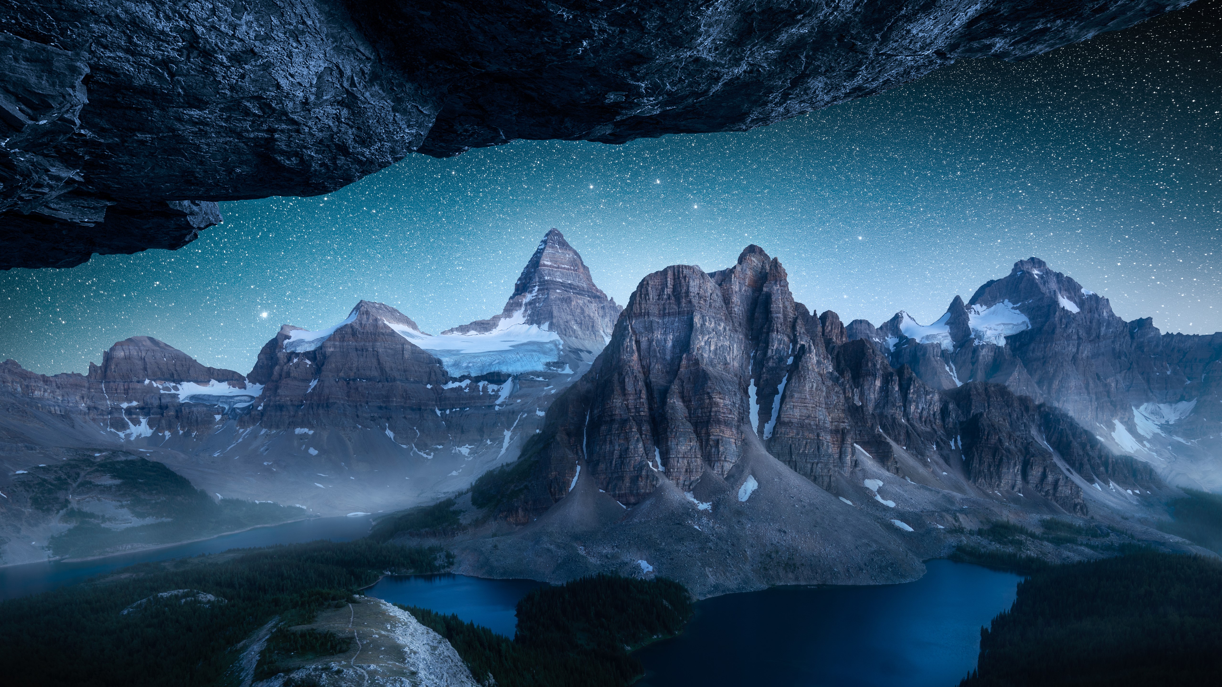 4K, Canada, forest, night, river, stars, rocks, mountains, trees, Cath Simard, snow, Mount Assiniboine, landscape, lake HD Wallpaper