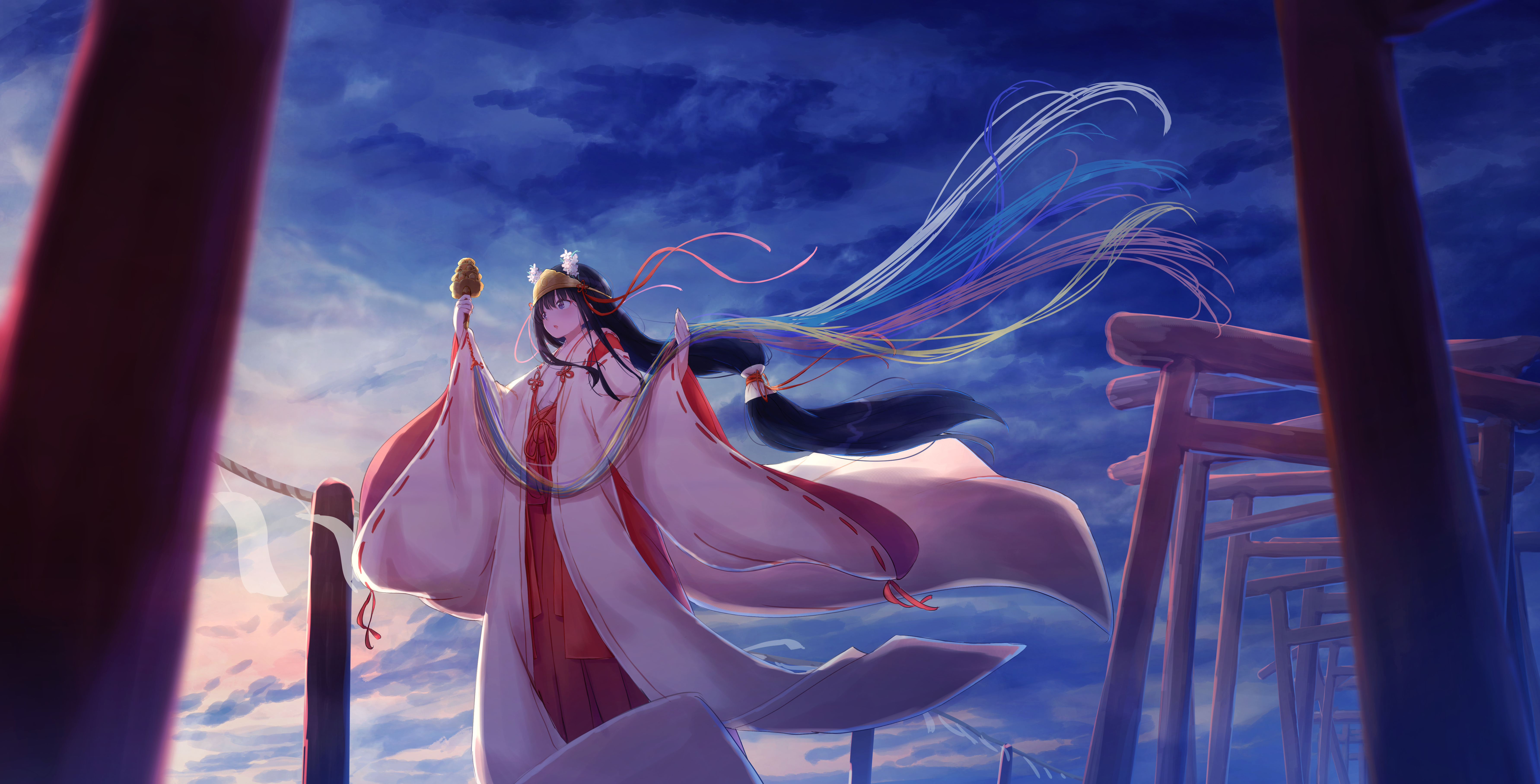 4K, traditional clothing, Japanese clothes, miko, windy, long hair, torii, anime girls, dark hair HD Wallpaper