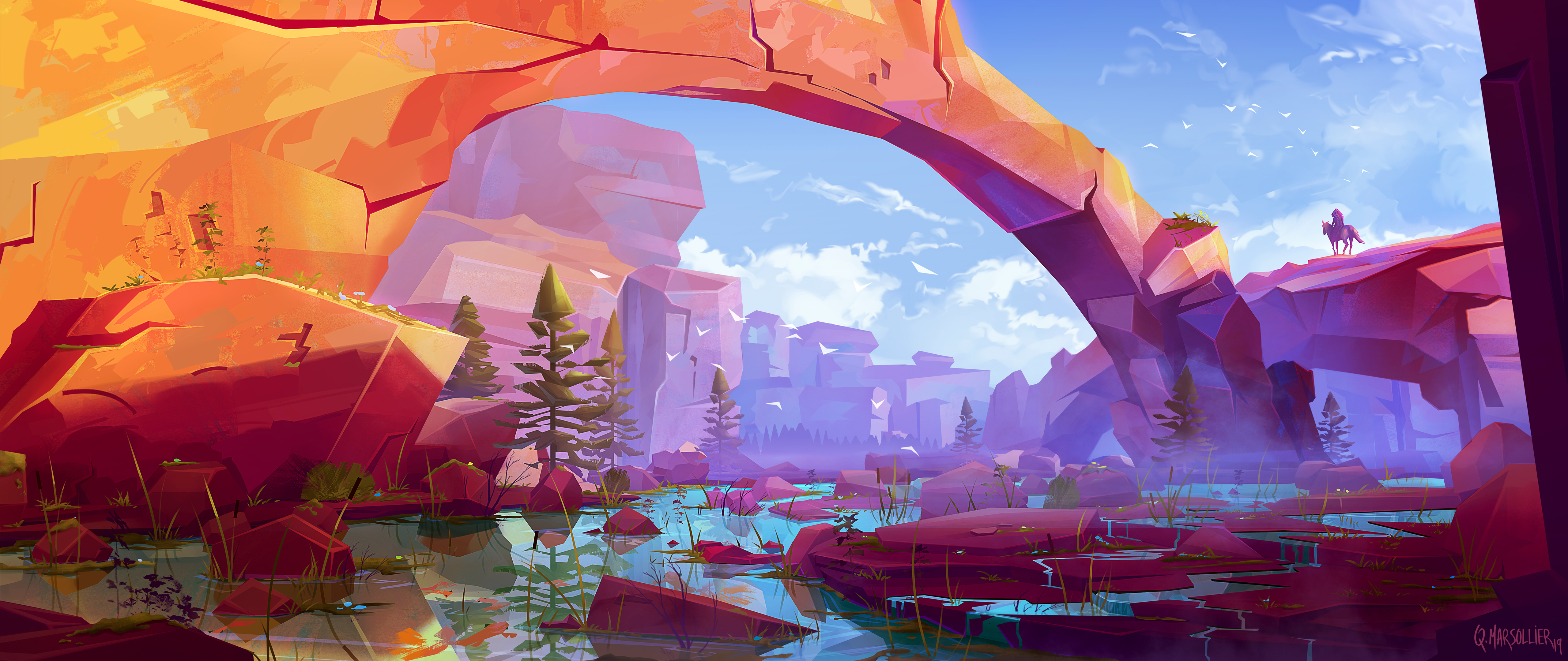 4K, forest, digital art, digital, nature, rock formation, mountains, trees, artwork, Quentin Marsollier, rock HD Wallpaper