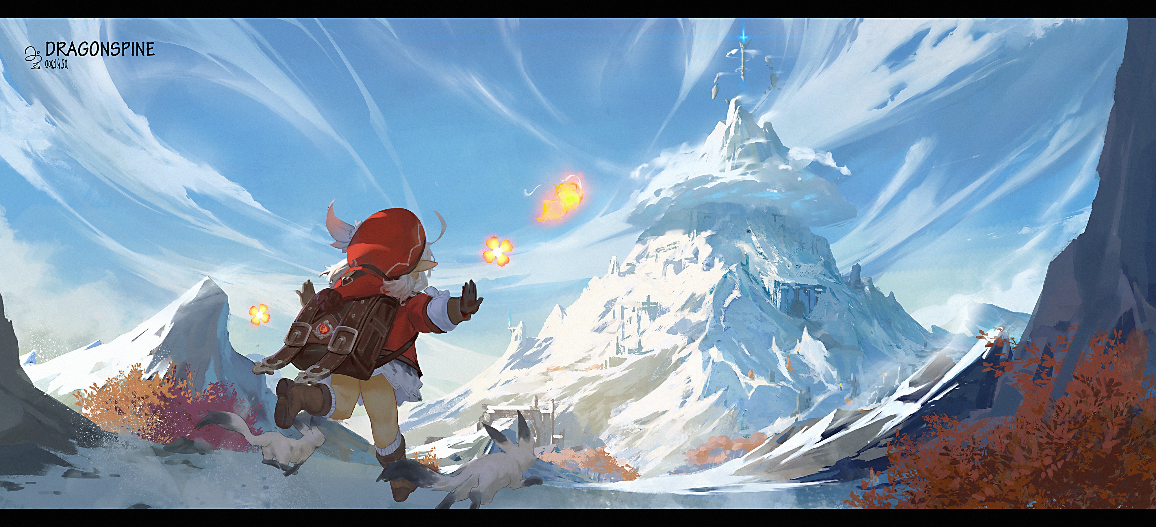 4K, Genshin Impact, fantasy art, 2021 (Year), mountains, Genshin, anime, snowy peak, Klee (Genshin Impact) HD Wallpaper