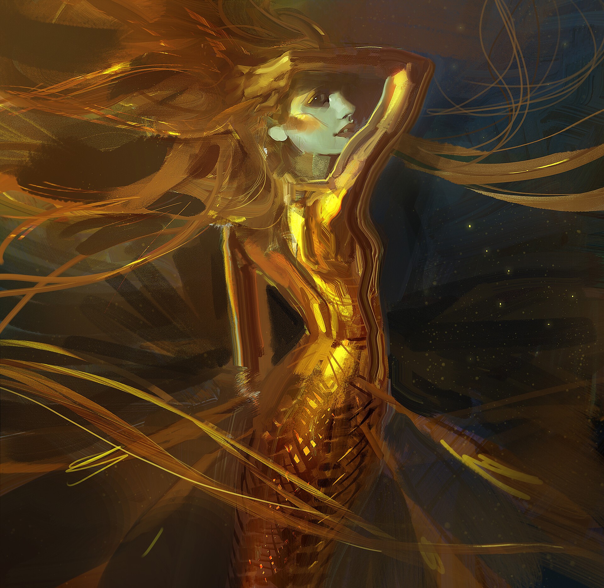 fantasy girl, fantasy art, ArtStation, long hair, Ahmed Aldoori, red lipstick, arms up, gold, mermaids, women, glitter hair, artwork HD Wallpaper