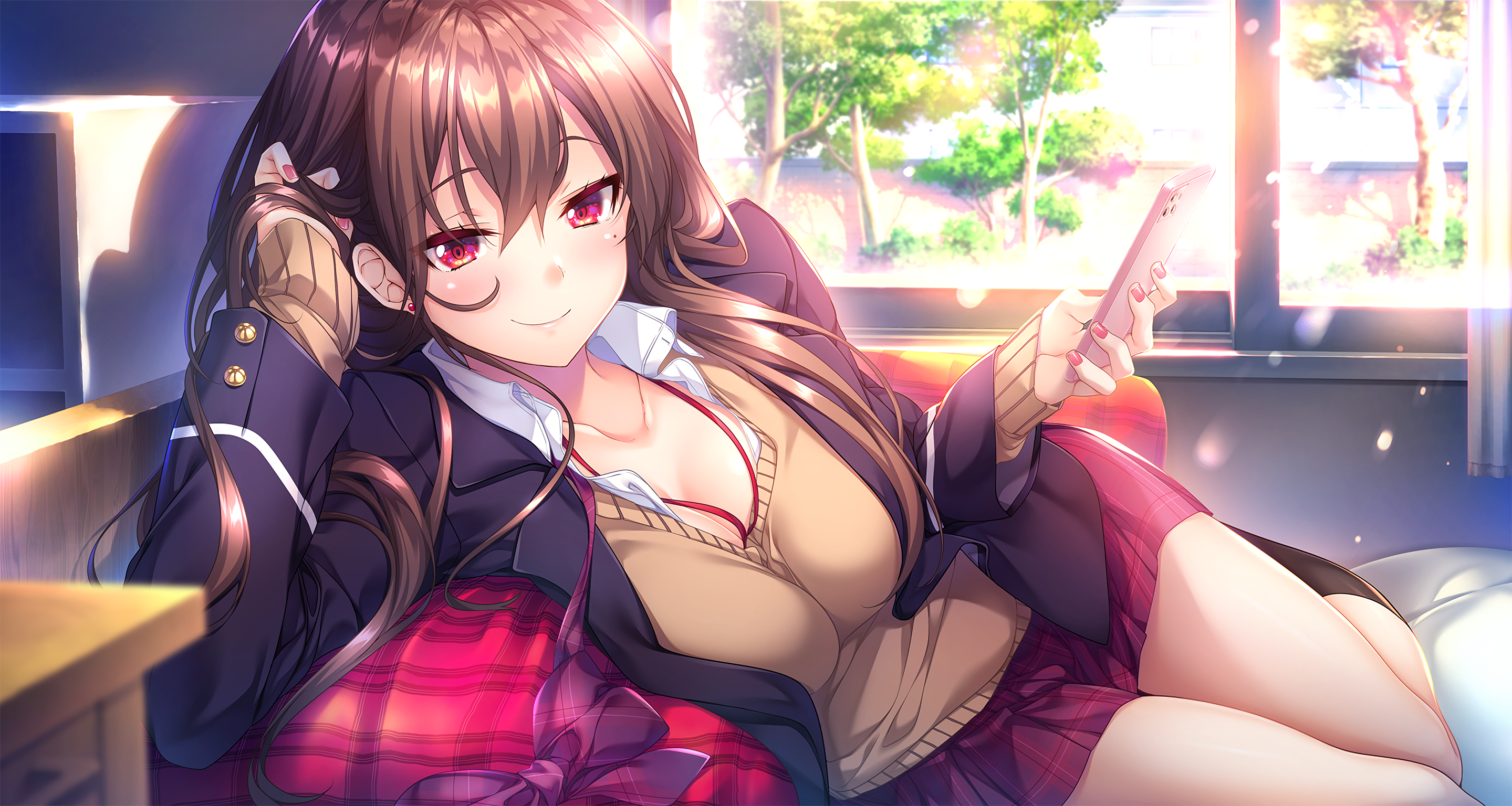 smiling, brunette, Gintarou, school uniform, artwork, lying on side, red eyes, anime girls, anime HD Wallpaper