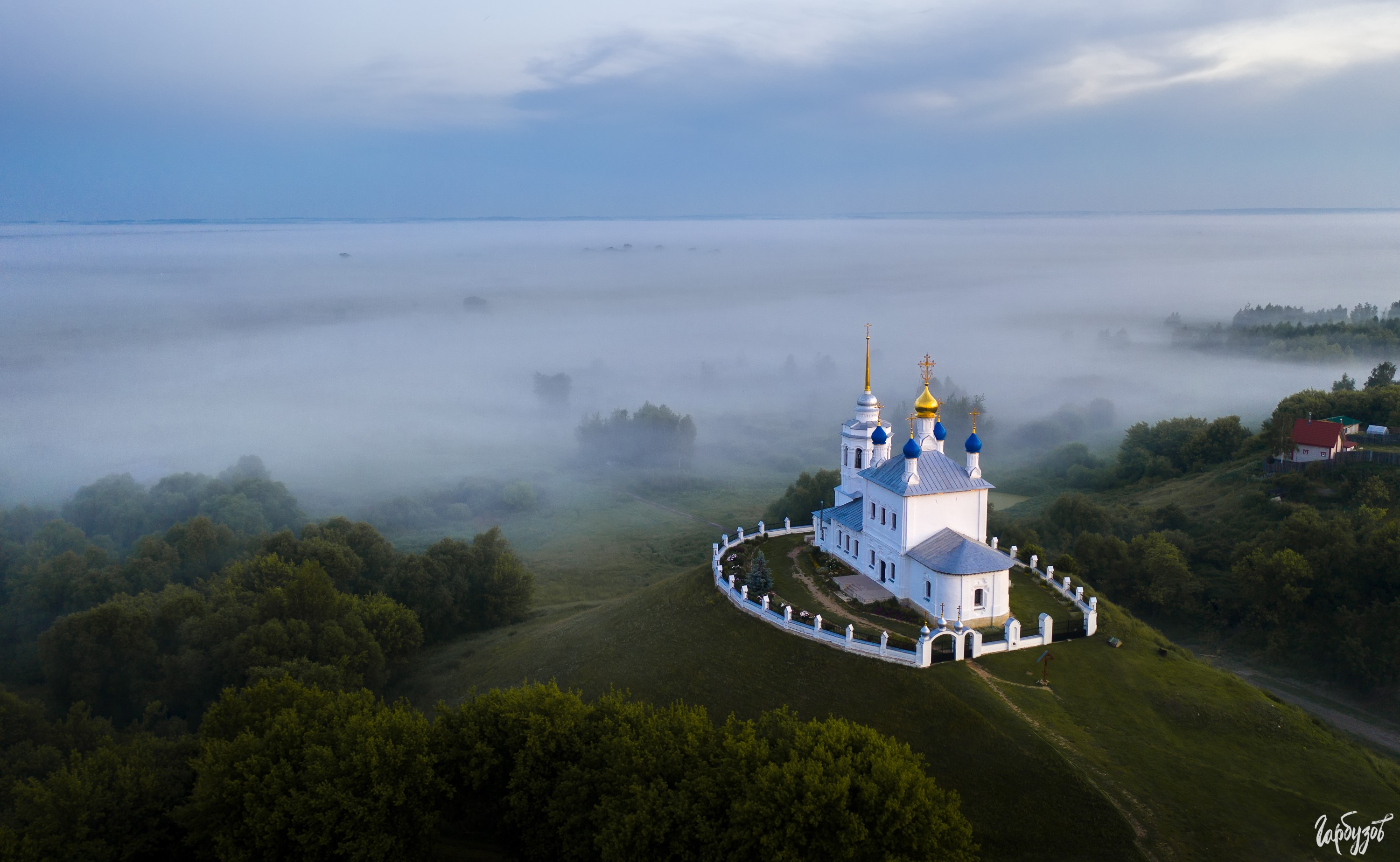 wall, photography, nature, church, architecture, hills, building, mist, trees HD Wallpaper
