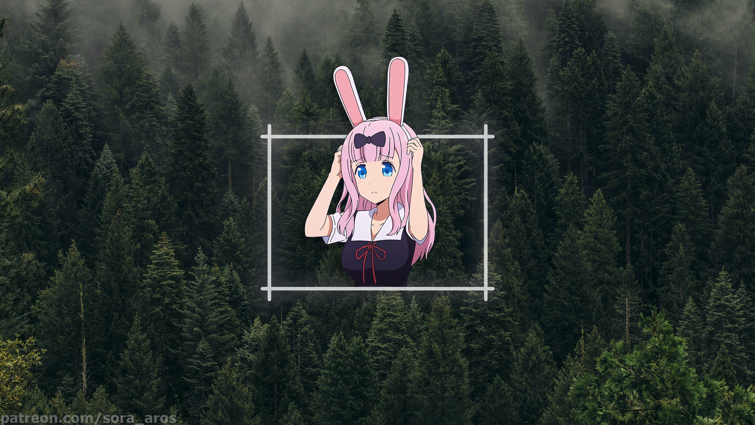 spruce, forest, picture-in-picture, Chika Fujiwara, anime girls HD Wallpaper