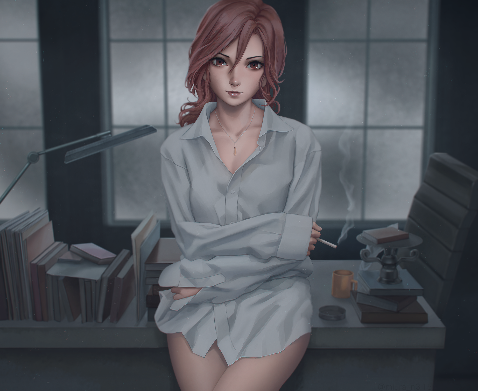 office girl, sitting, women, anime, anime girls, cigarettes, Aozaki Touko, frontal view, bottomless, Miura Naoko, looking at viewer, digital art, artwork, smoke, fan art, drawing, shirt HD Wallpaper
