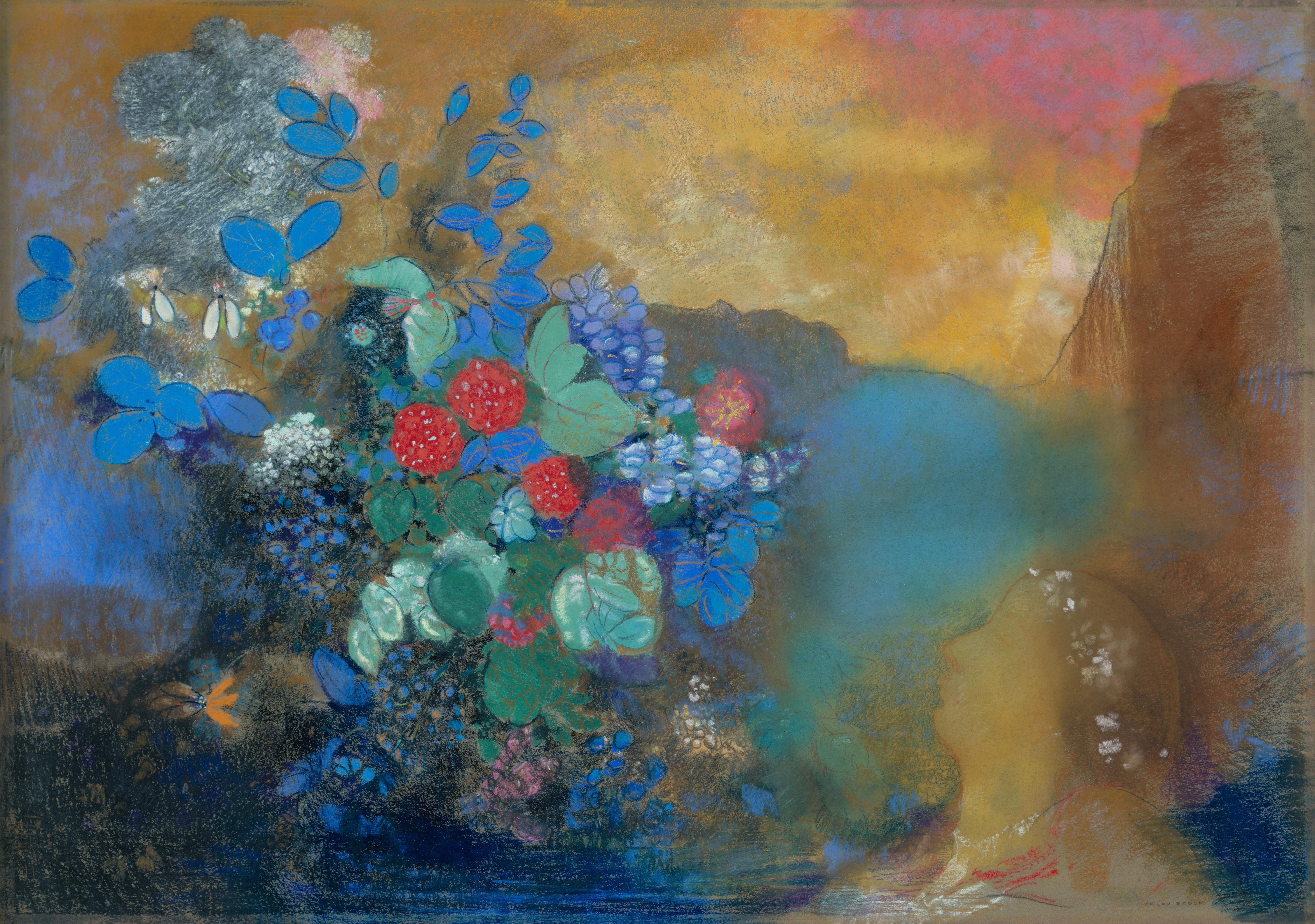 4K, impressionism, Odilon Redon, fantasy art, traditional art, artwork, symbolism, butterfly, abstract, oil painting, watercolor, expressionism, polychromatic, flowers, surreal, flower in hair, polychrome HD Wallpaper