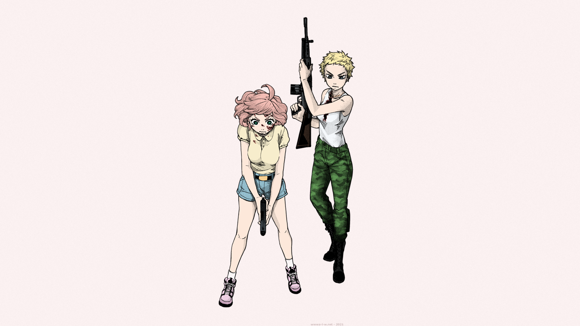 gun, injured, wounds, green eyes, Kei Kikuno, machine gun, pink hair, anime girls, tomboys, Violence Action, short pants, short hair, Renji Asai, anime, blonde, Dahlia HD Wallpaper