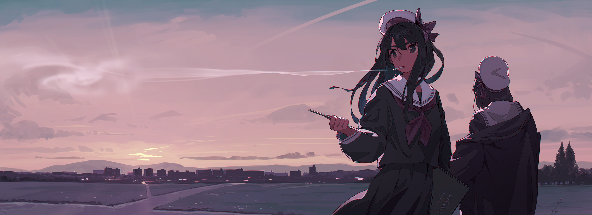 sky, outdoors, smoke, landscape, smoking, cigarettes, dark hair, city, looking away, anime, anime girls, Pixiv HD Wallpaper