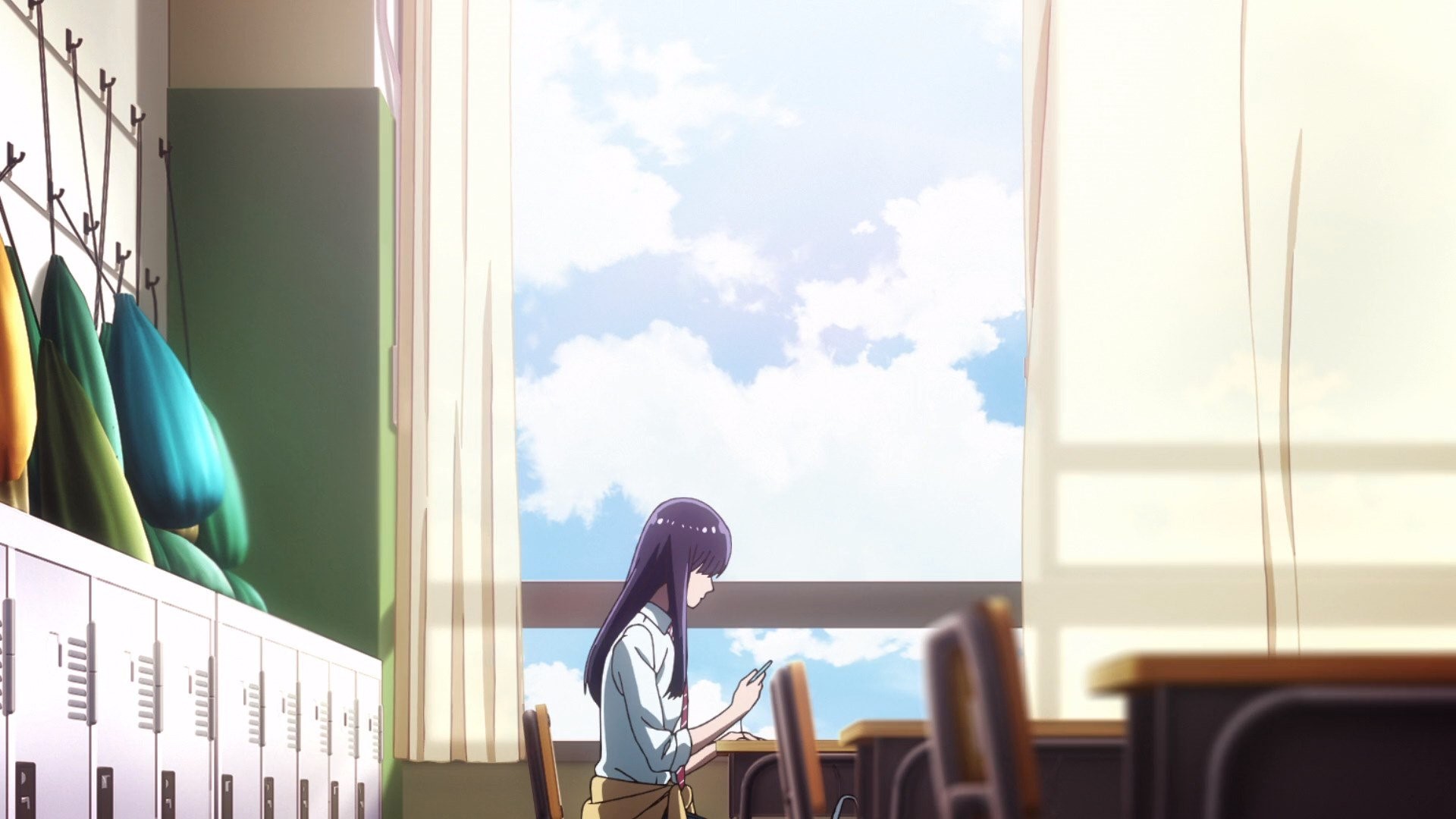 long hair, women indoors, sitting, After the rain, school, anime girls, purple hair, anime, window HD Wallpaper