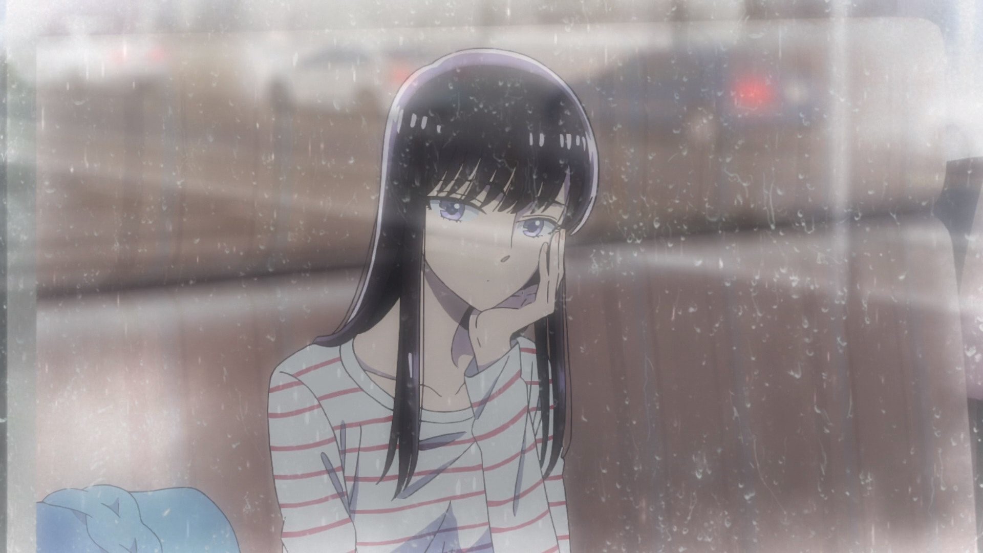 long hair, purple eyes, sad, water on glass, dark hair, anime, After the rain, alone, women indoors, looking out window HD Wallpaper