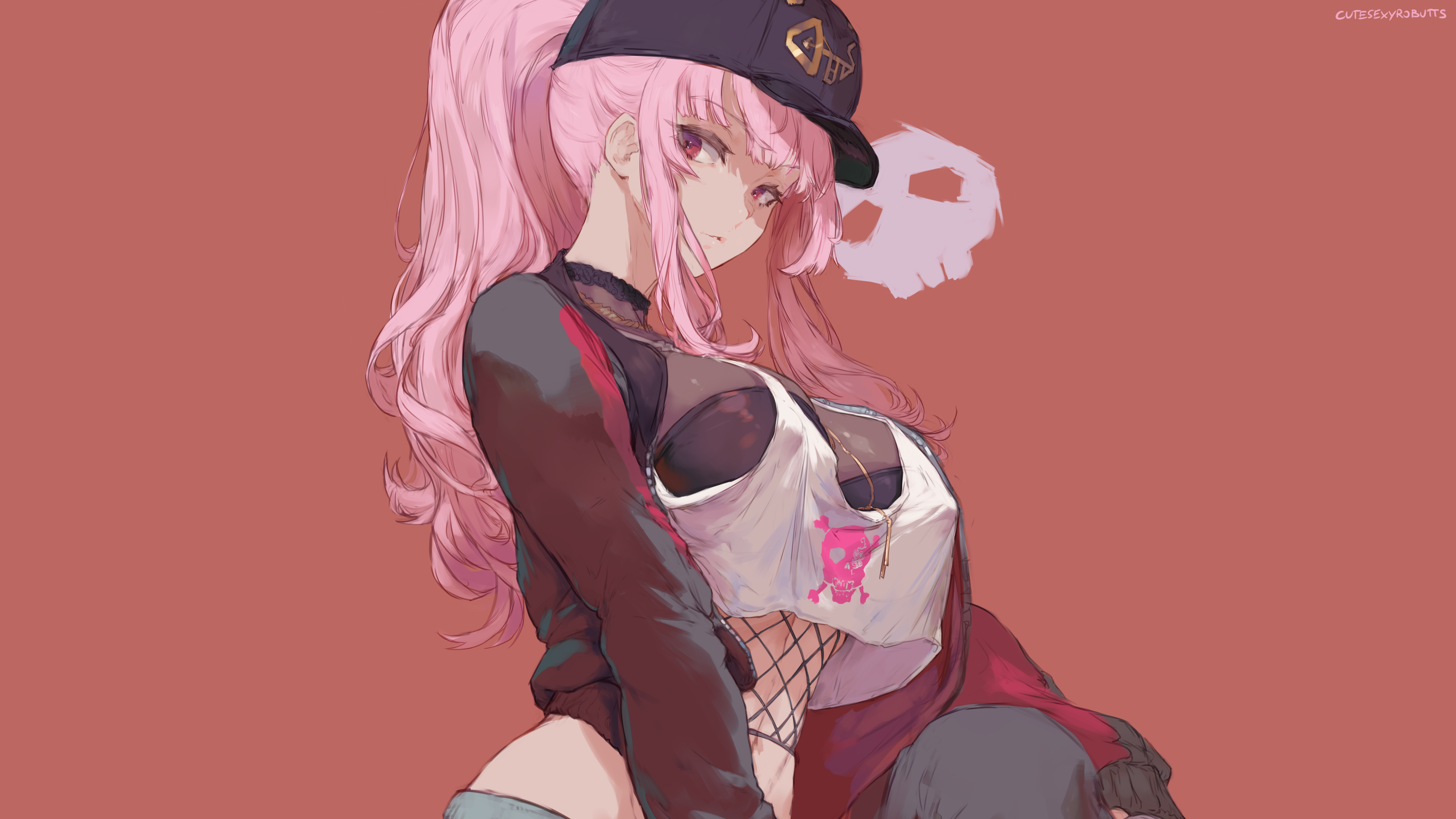 4K, hat, Cutesexyrobutts, sitting, fishnet, tank top, simple background, Hololive, pink hair, anime girls, looking at viewer, anime, curvy, ponytail, Mori Calliope HD Wallpaper