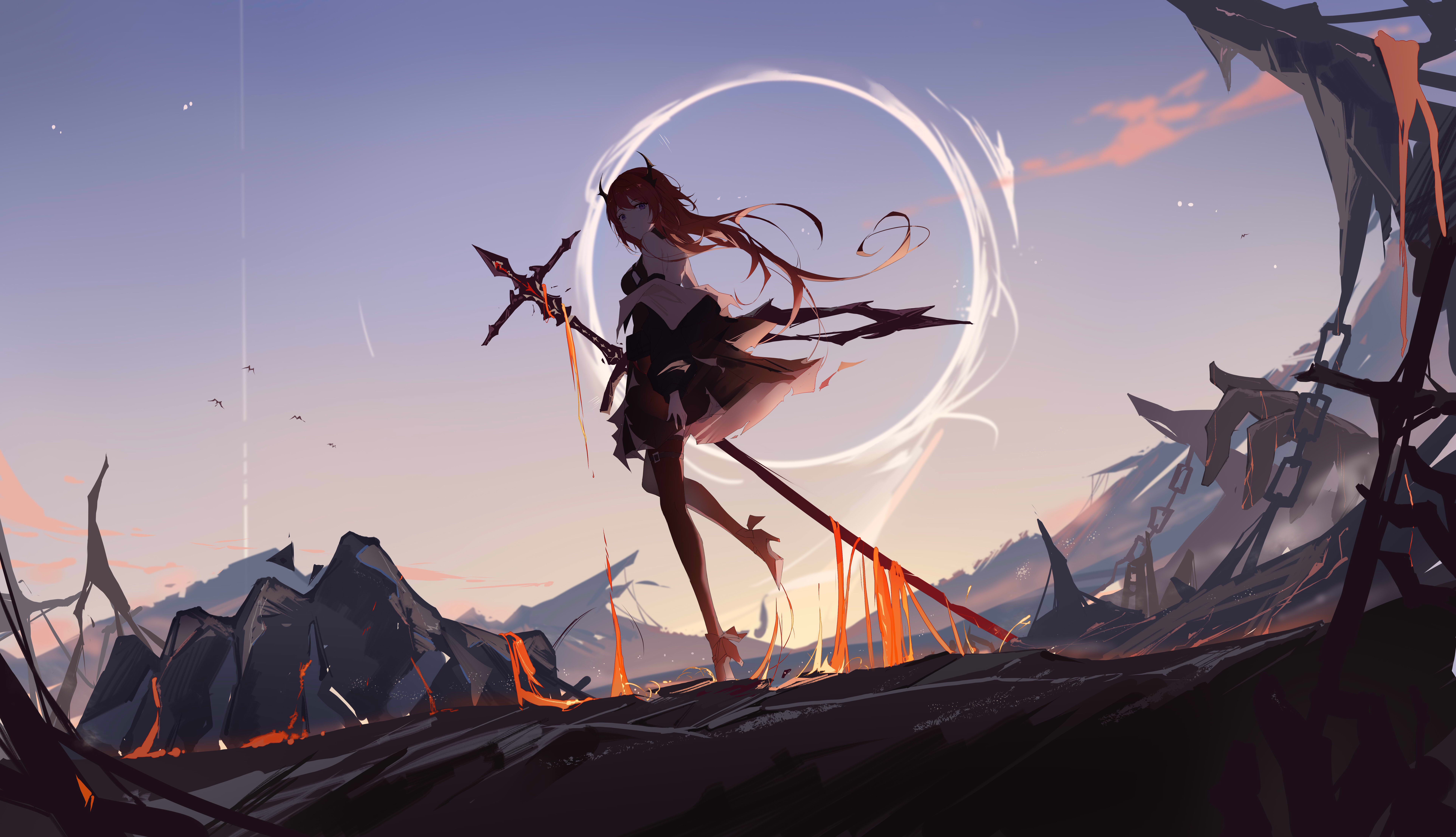 Surtr Arknights with Red Hair and Spear HD Wallpaper