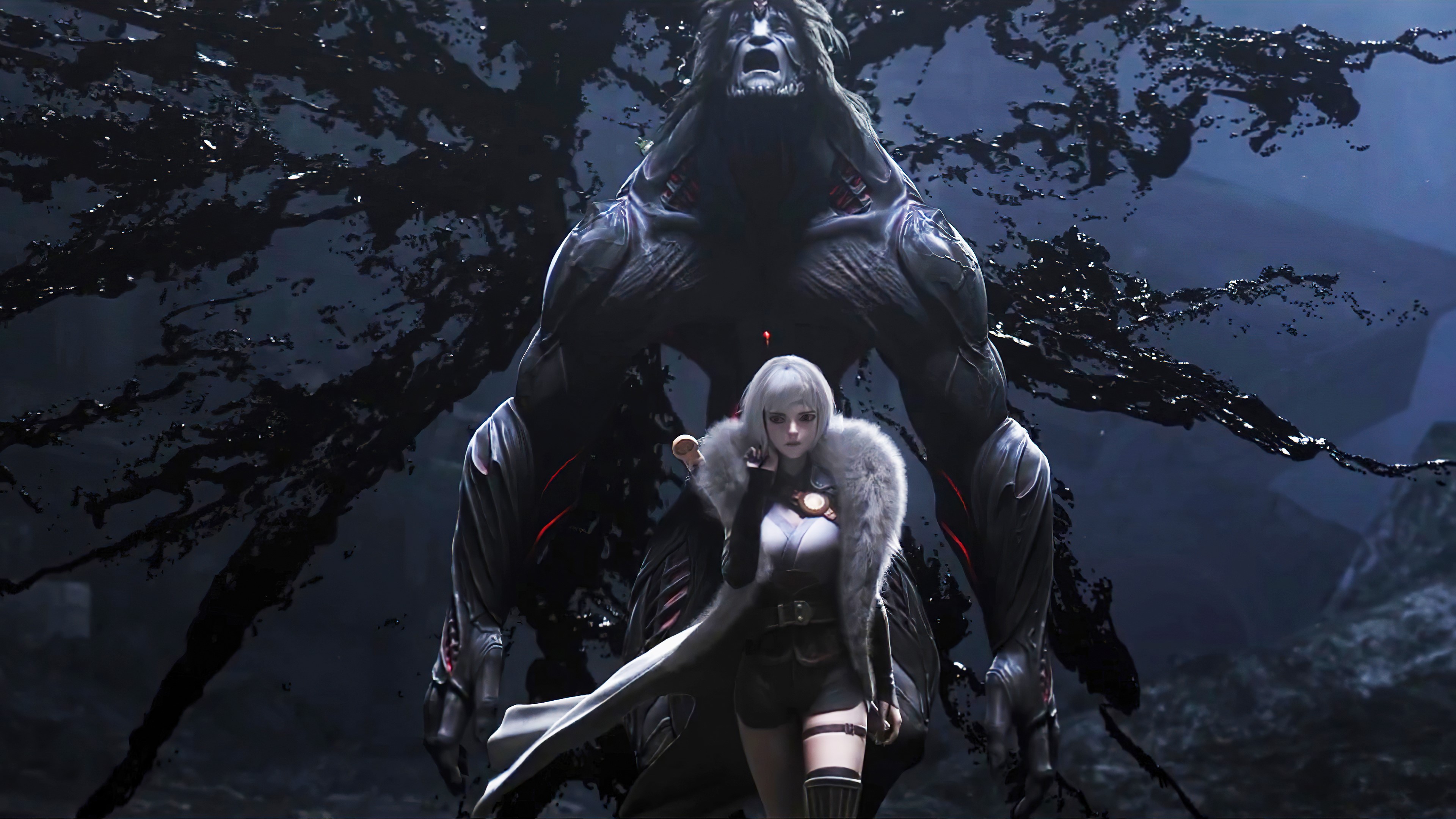4K Anime Girl Ling Long with Dark Creature HD Wallpaper