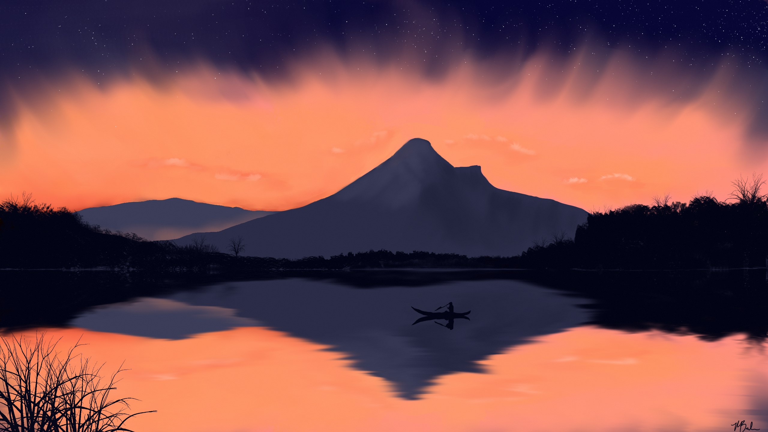 digital art, dusk, night, mountains, digital painting, reflection, landscape HD Wallpaper