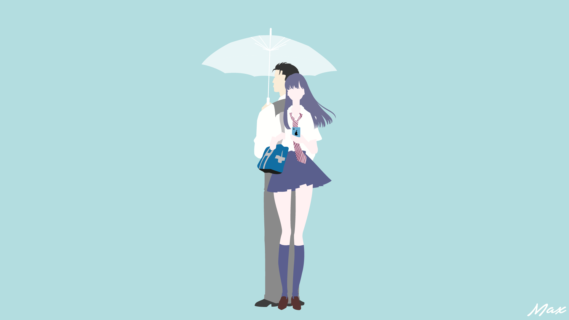 simple background, minimalism, purple hair, watermarked, men, standing, purple socks, socks, cyan background, long hair, anime, white shirt, tie, anime men, umbrella, bangs, anime girls, collared shirt, After the rain, pleated skirt, knee high socks HD Wallpaper