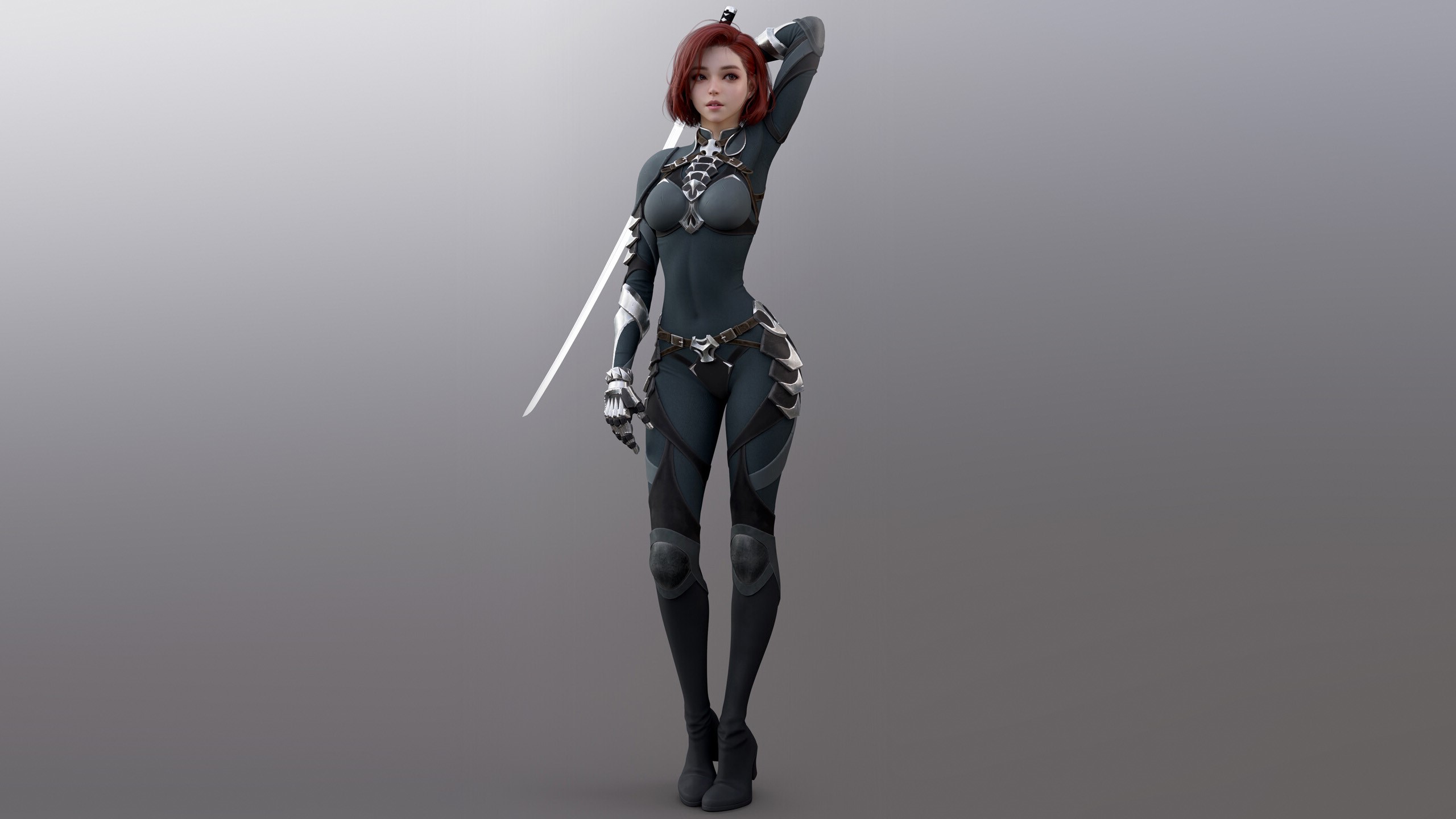 armored, katana, armor, readhead, suite, Shin JeongHo, ArtStation HD Wallpaper