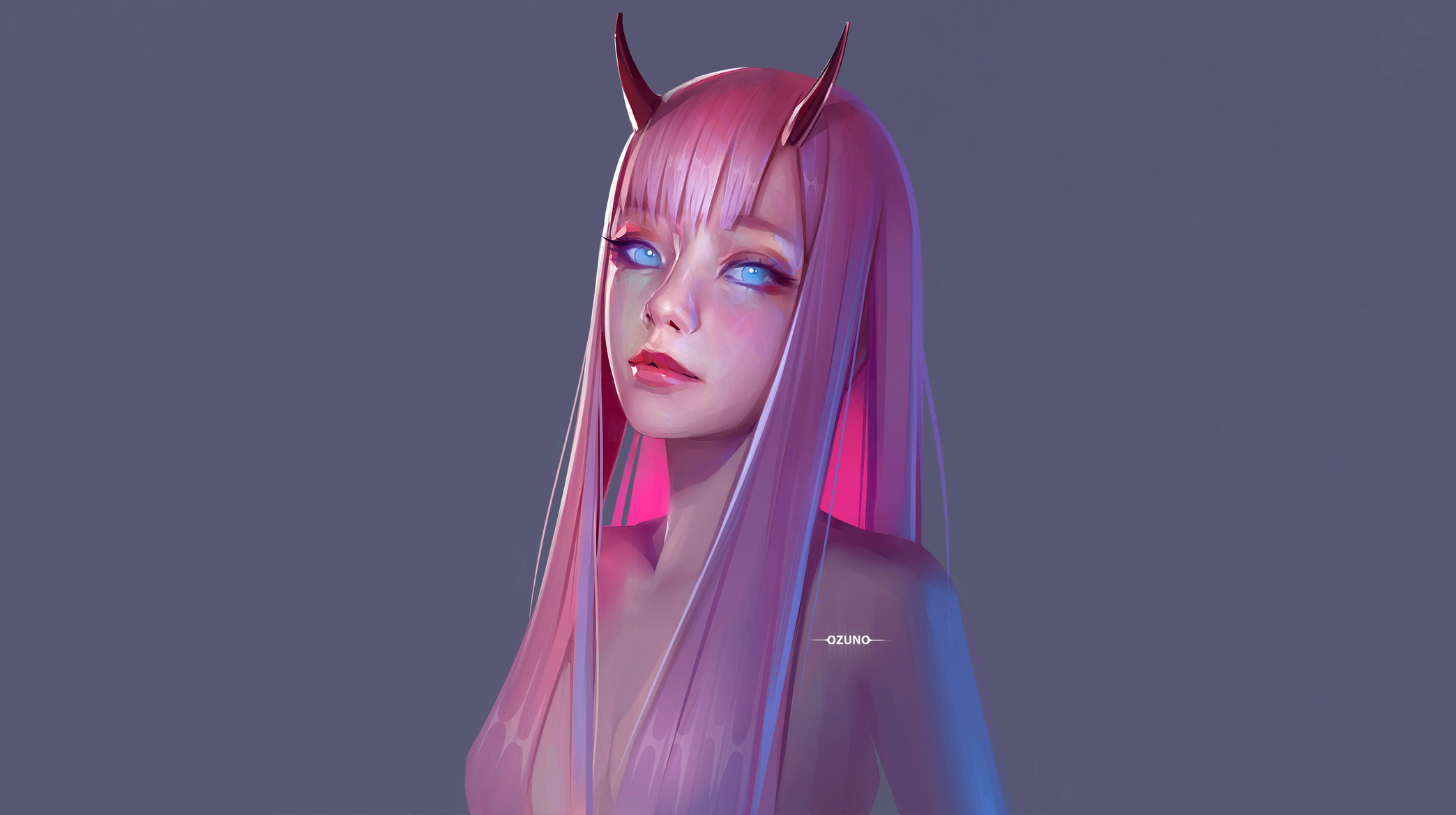 long hair, Huy Ozuno, Zero Two (Darling in the FranXX), pink hair, ArtStation, fan art HD Wallpaper