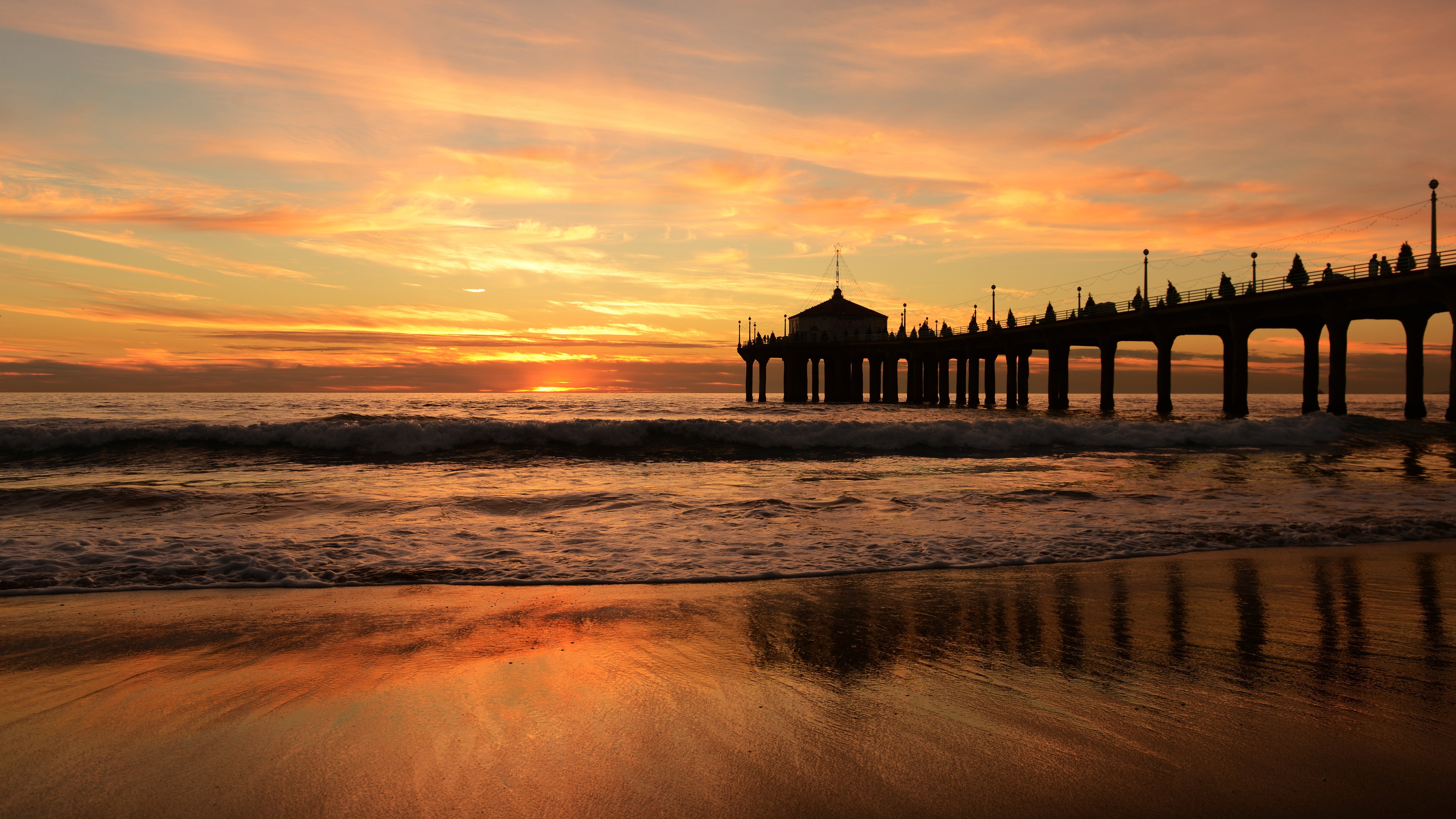 4K, jetty, pier, nature, sunset, beach HD Wallpaper