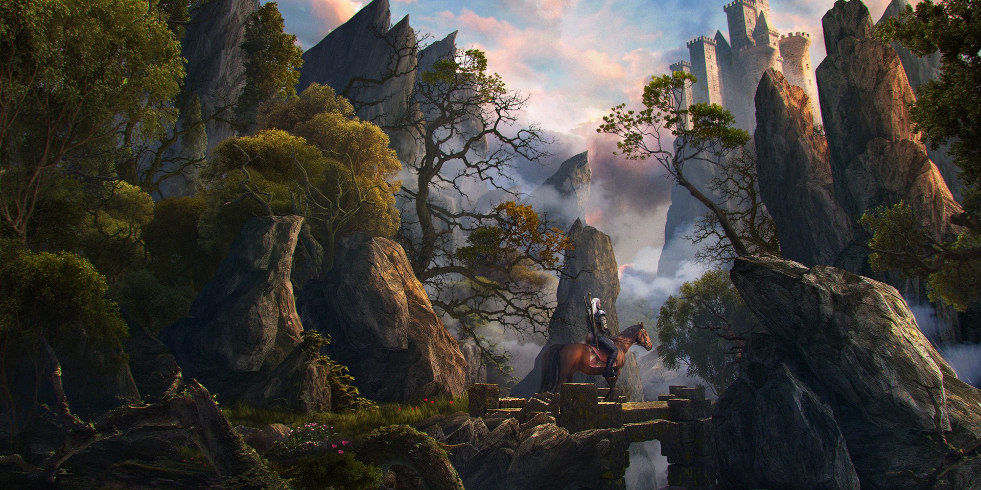 The Witcher, castle, fan art, horse HD Wallpaper