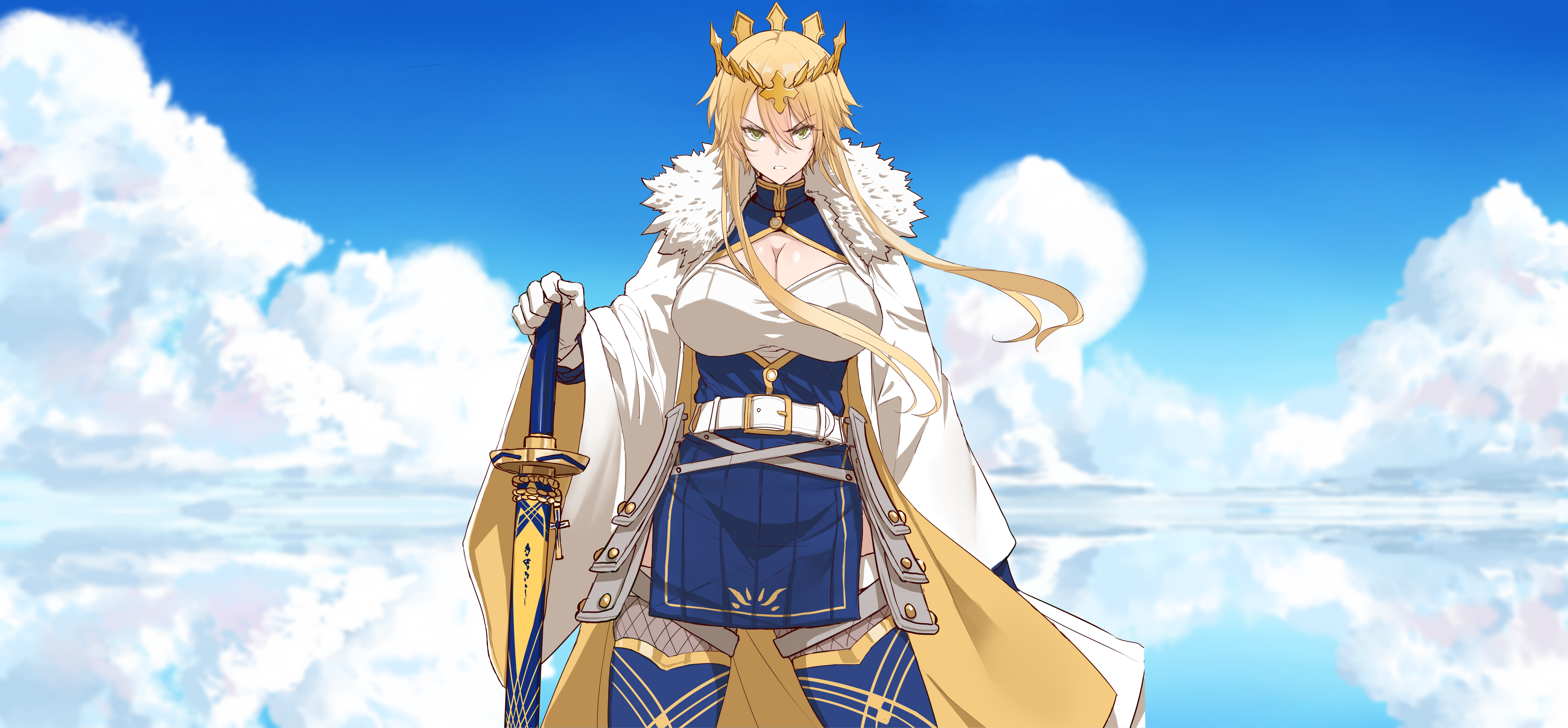 4K, clouds, dress, Fate Series, anime, coats, fan art, cleavage, sky, sword, artwork, illustration, crown, looking at viewer, 2D, digital art, Artoria Pendragon (Lancer), Fate/Grand Order, blonde, parted lips, bangs, anime girls, drawing, Artoria Pendragon, Dishwasher1910 HD Wallpaper