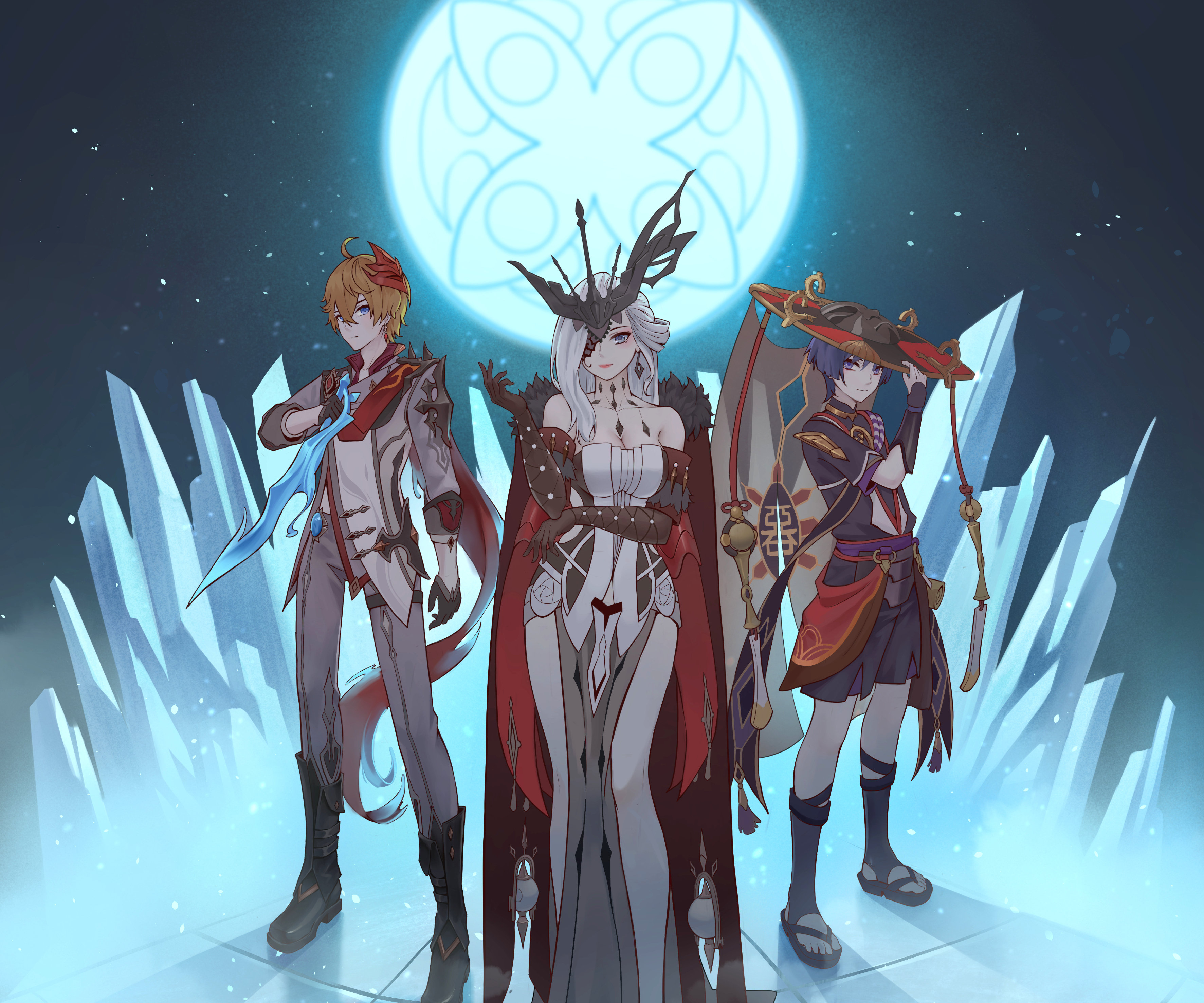 Tartaglia, Scaramouche, and La Signora Genshin Impact Art HD Wallpaper