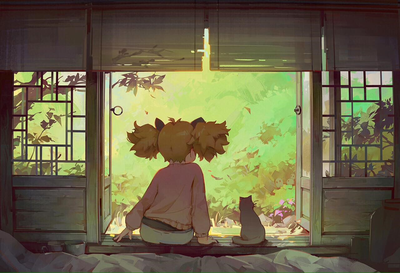 fictional character, cats, yard, cat and girl, anime girls HD Wallpaper