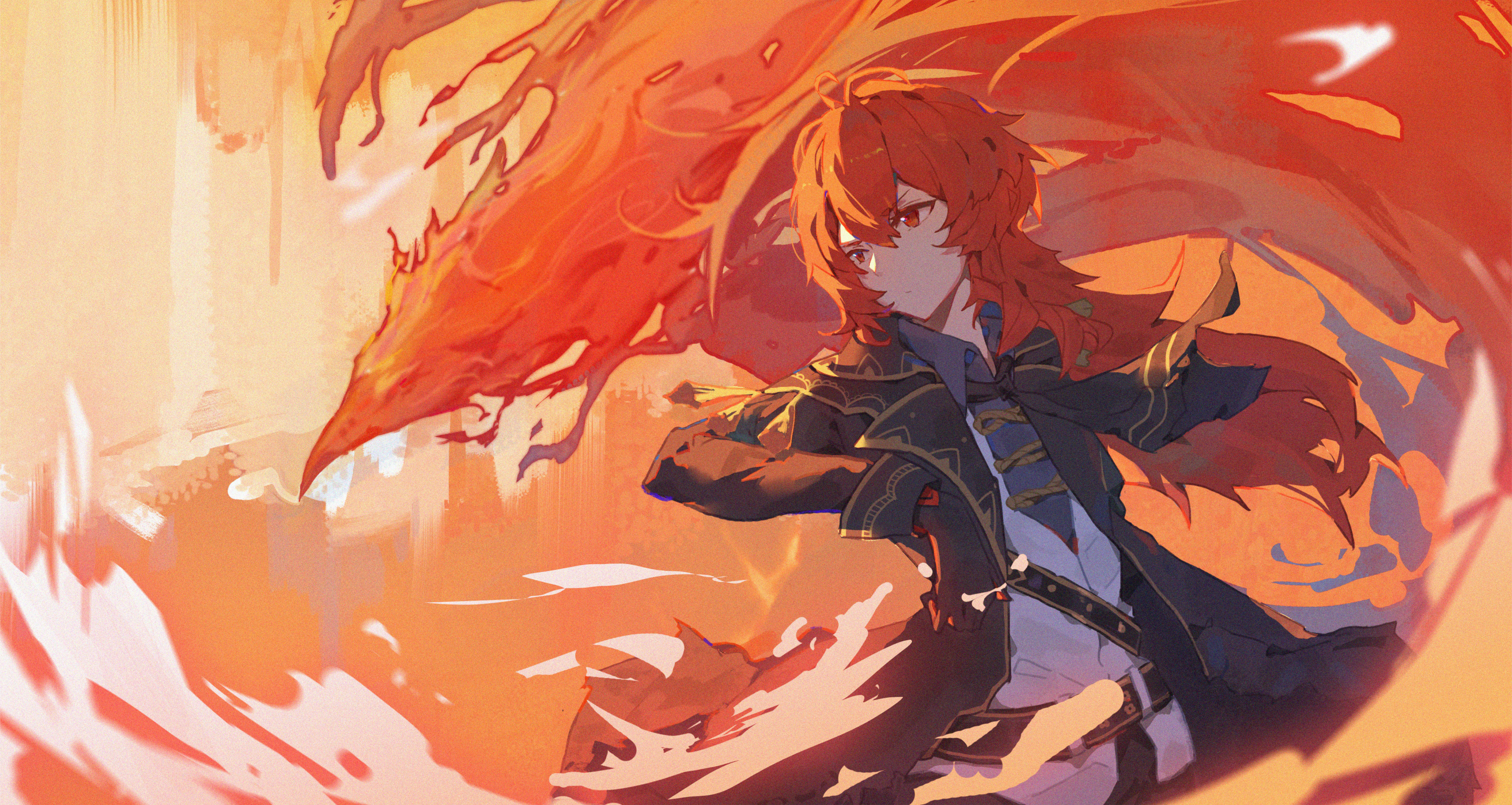 Diluc from Genshin Impact in Fiery Action HD Wallpaper
