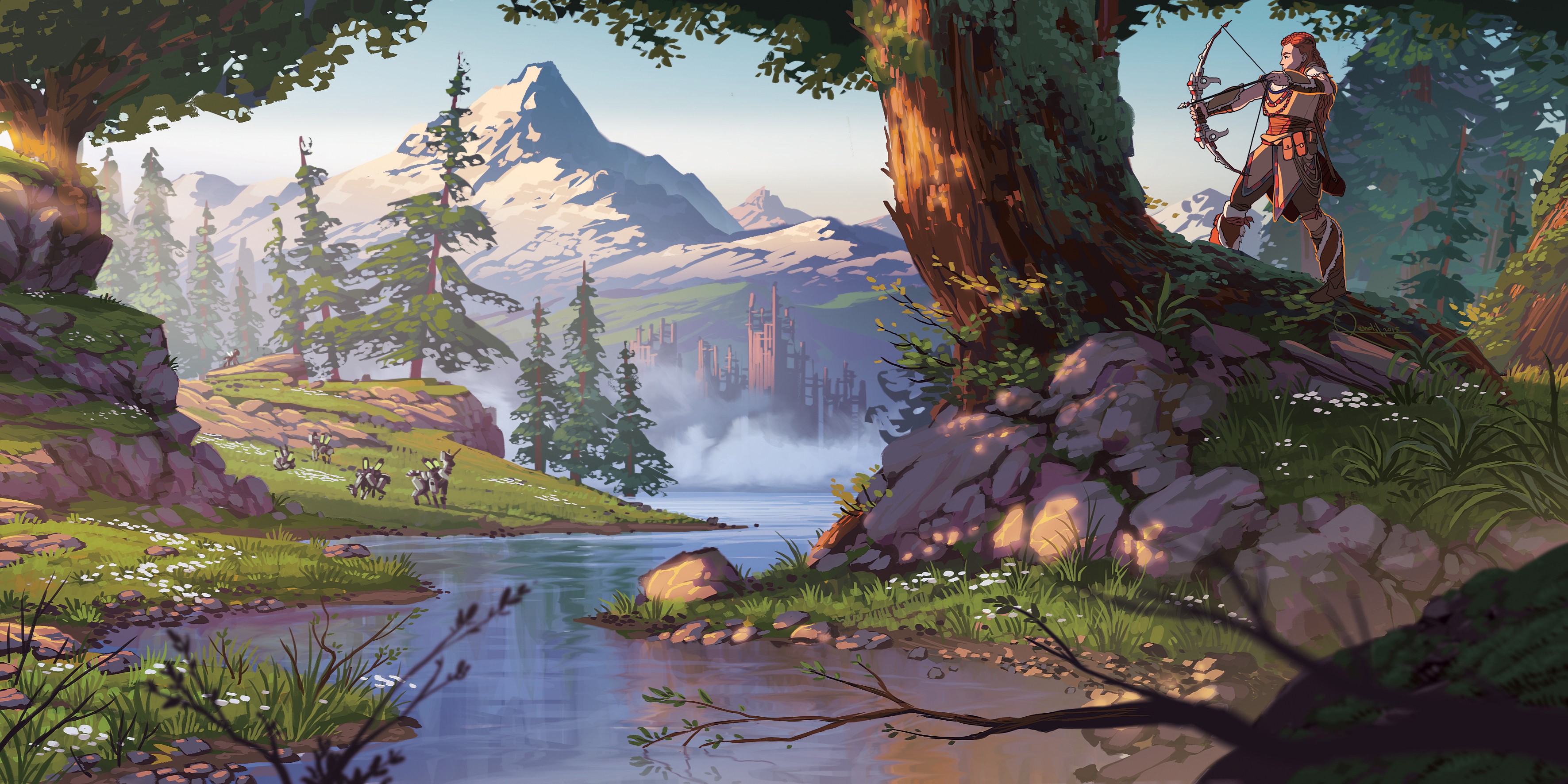 digital art, horizon zero dawn, mountains, Aloy (Horizon: Zero Dawn), video games, trees, artwork, nature HD Wallpaper