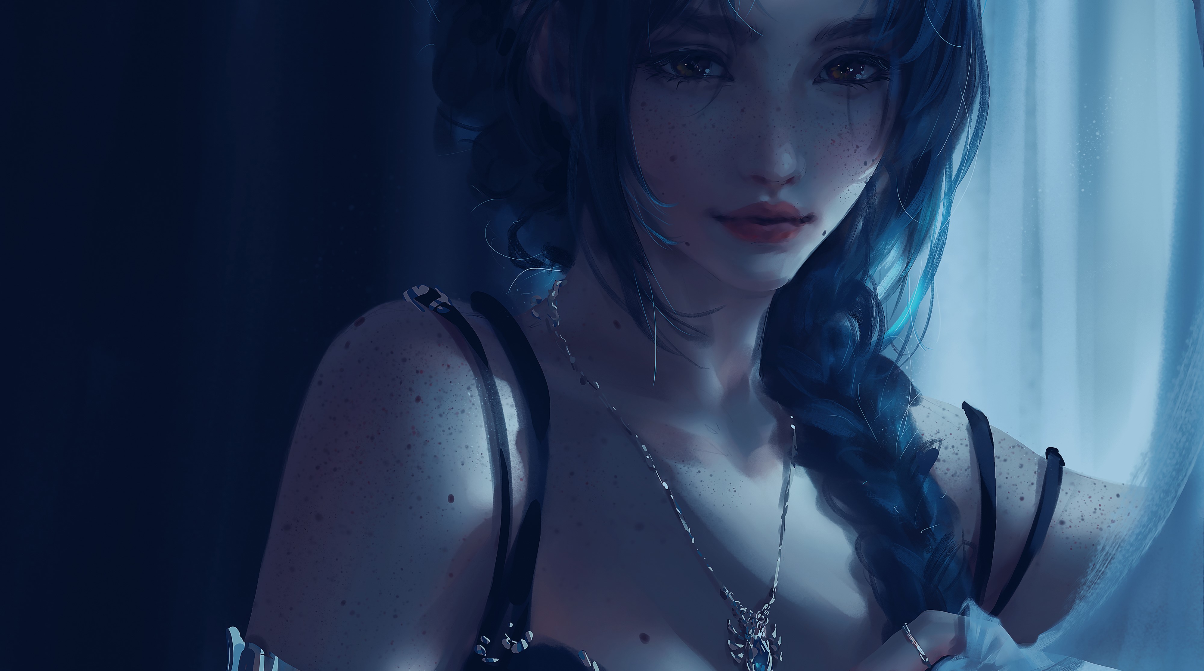 4K, indoors, face, artwork, women, necklace, fantasy girl, cropped, fantasy art, red lipstick, looking at viewer, freckles, women indoors, long hair, ArtStation, portrait, blue hair, Nixeu HD Wallpaper