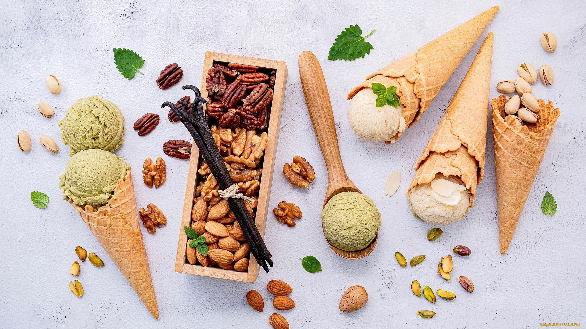 ice cream, sweets, nuts, food HD Wallpaper