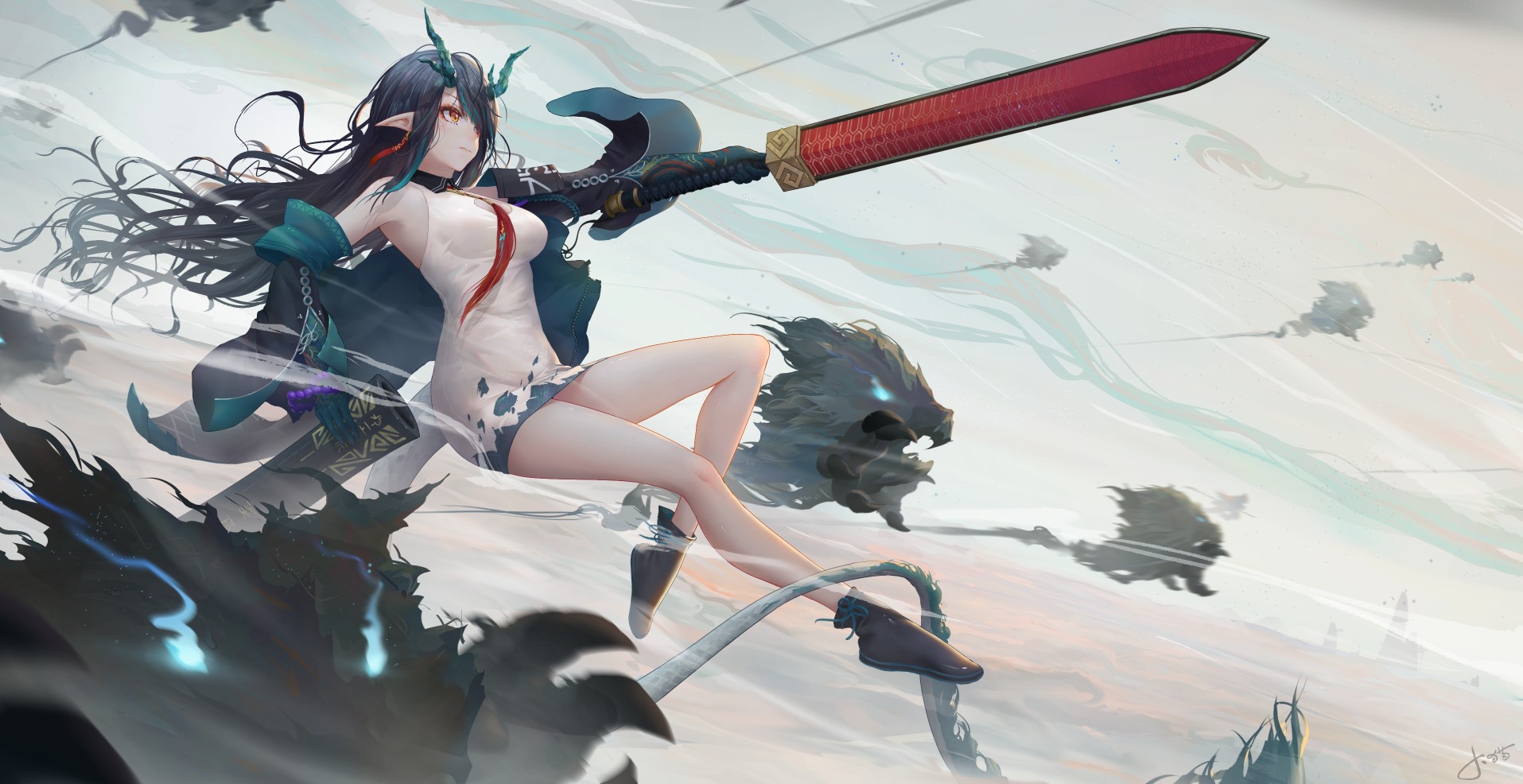 anime girls, drawing, fan art, sword, 2D, thighs, tail, illustration, digital art, artwork, pointed ears, Dusk (Arknights), Jay Xu, video game girls, dress, horns, fantasy girl, long hair, Arknights, video games, anime, fantasy art HD Wallpaper