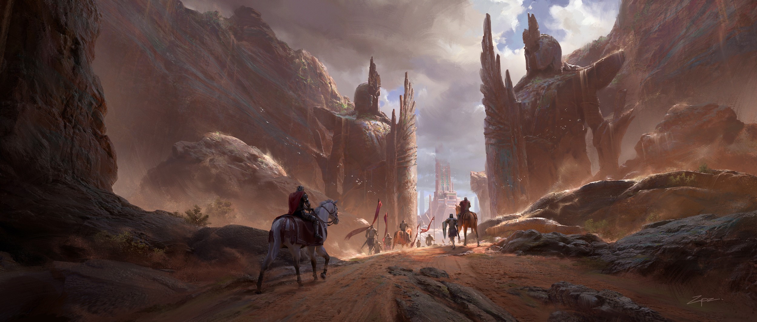 knight, canyon, horse, artwork, statue, fantasy art HD Wallpaper
