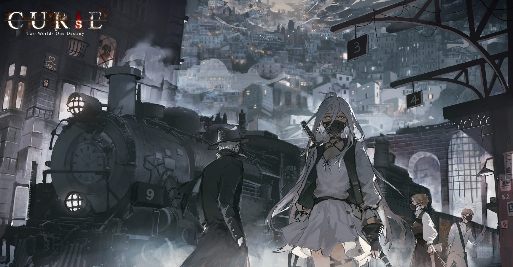 yellow eyes, locomotive, mask, Pixiv, long hair, steam locomotive, anime girls, anime, train HD Wallpaper