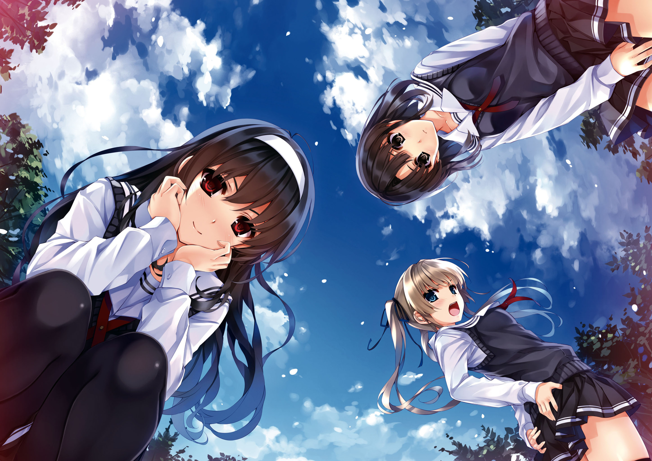 artwork, Sawamura Eriri Spencer, anime girls, Kasumigaoka Utaha, sky, red eyes, brown eyes, ash blonde, school uniform, black hair, Misaki Kurehito, anime, Saenai Heroine no Sodatekata, Katou Megumi, pantyhose, blue eyes HD Wallpaper