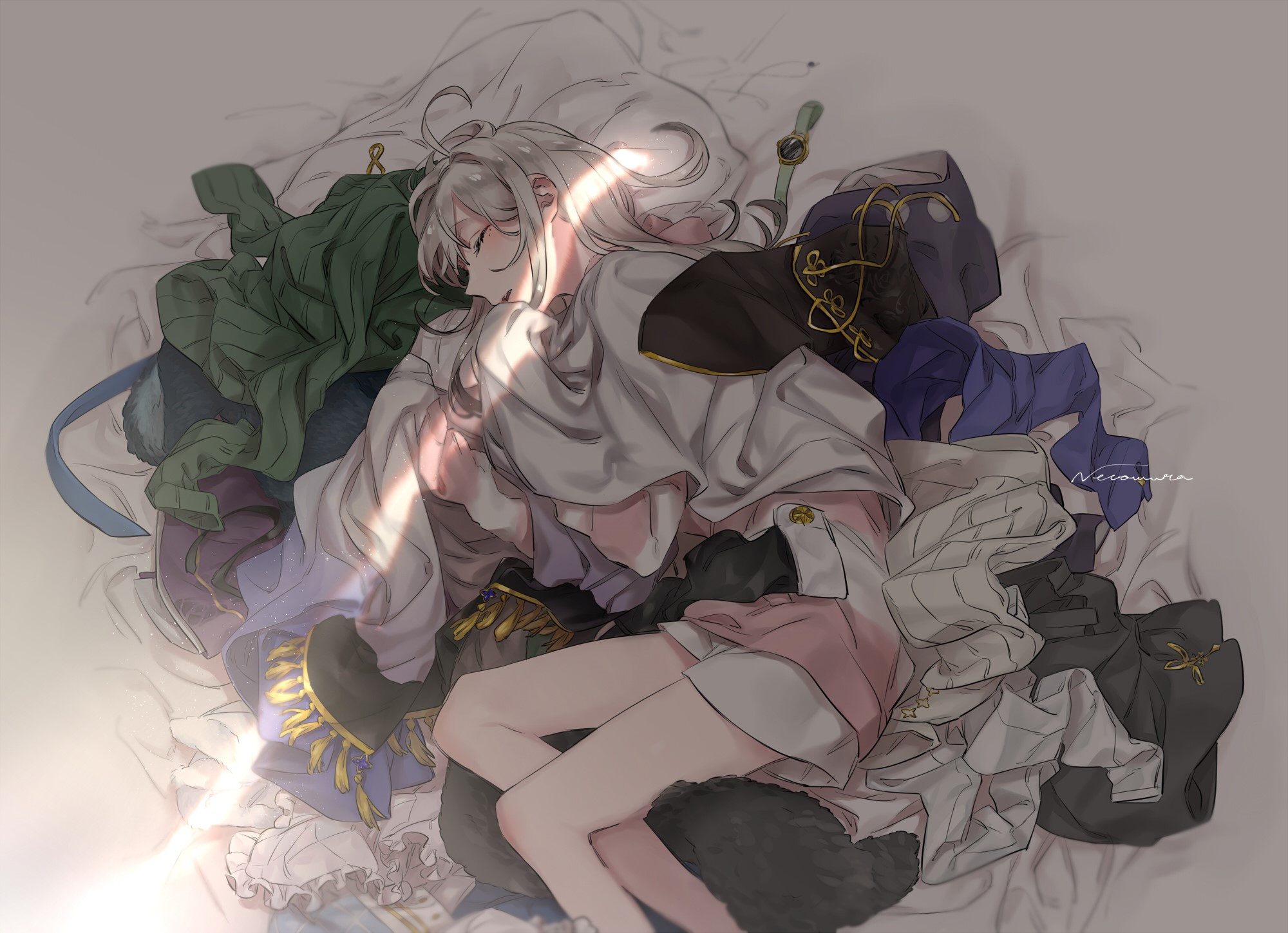 anime, Virtual Youtuber, Hololive, Nekomura, anime girls, sleeping, simple background HD Wallpaper
