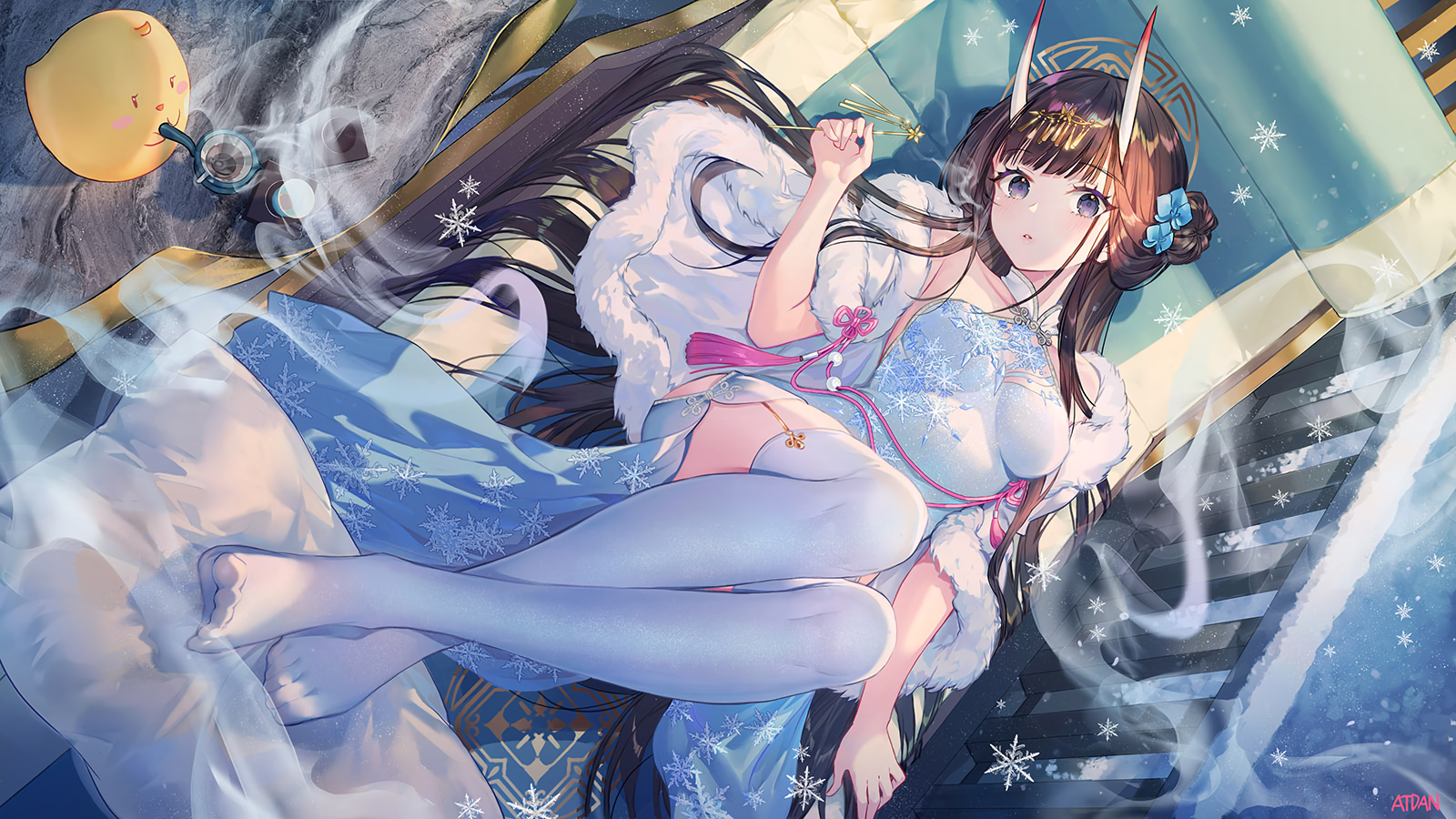 demon horns, Noshiro (Azur Lane), horns, purple eyes, thigh-highs, brunette, dress, Azur Lane, artwork, anime girls, Atdan, oni girl, white stockings HD Wallpaper