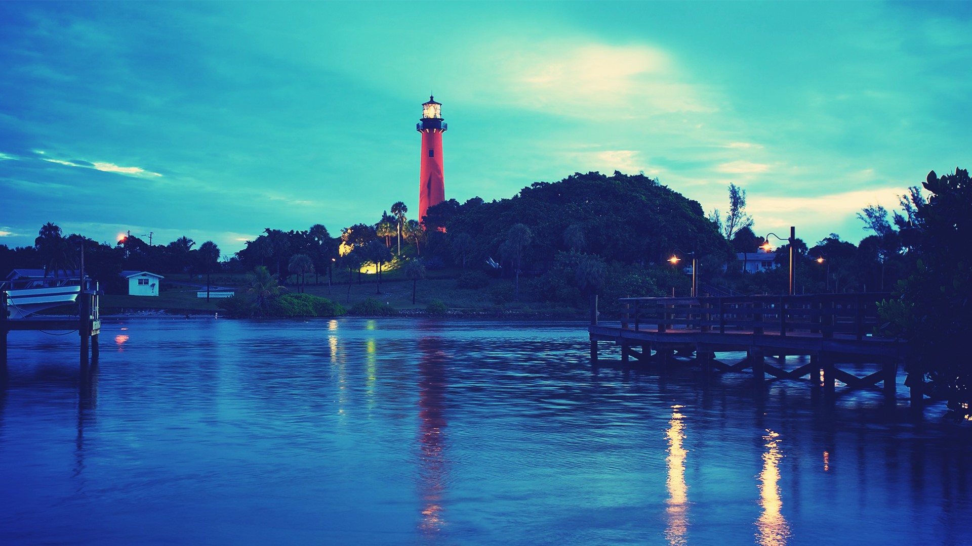 dock, trees, sea, lighthouse, landscape HD Wallpaper