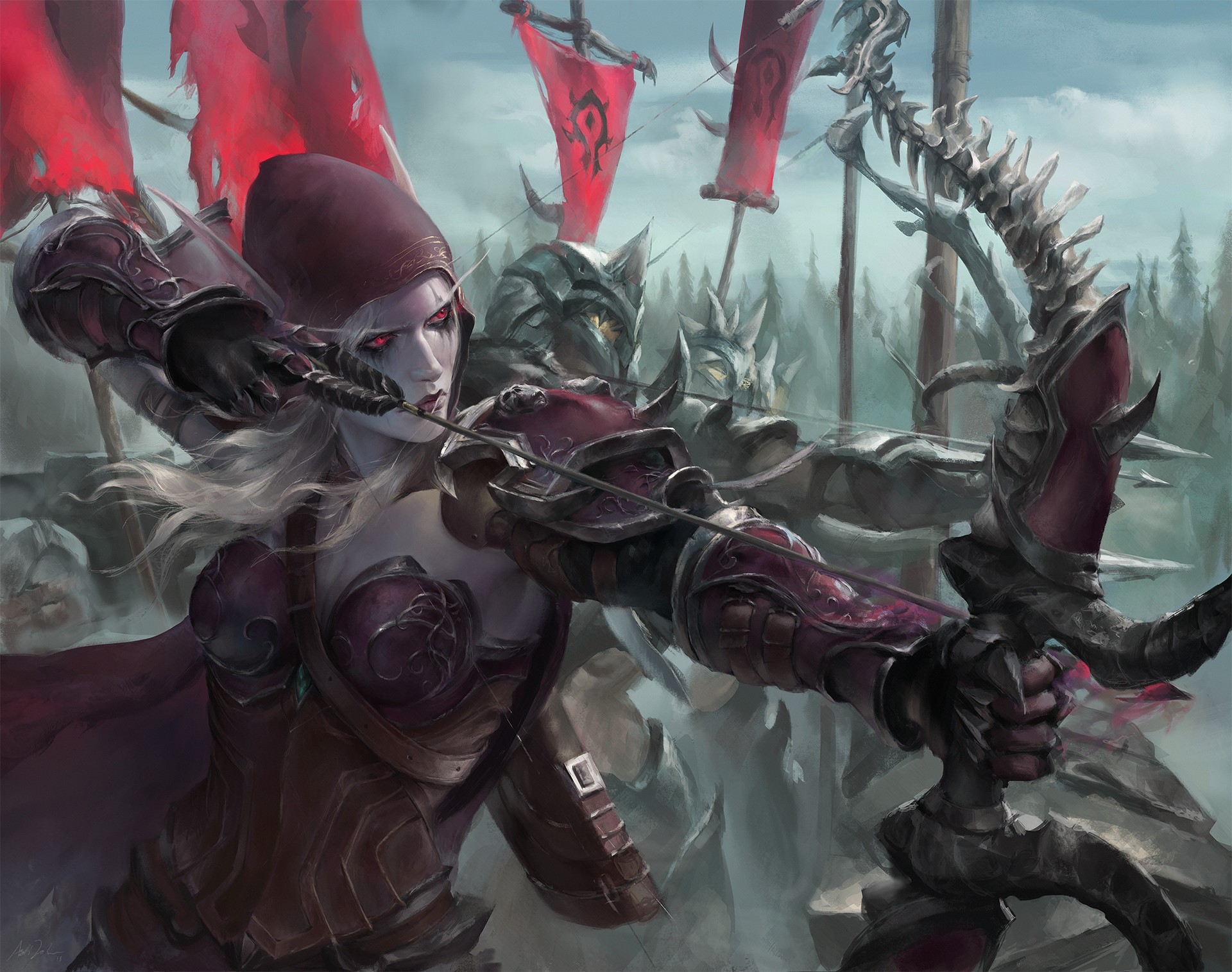 Warcraft, digital art, hoods, artwork, Sylvanas Windrunner, fictional character, World of Warcraft, elven, red eyes, pointed ears, Astri Lohne HD Wallpaper
