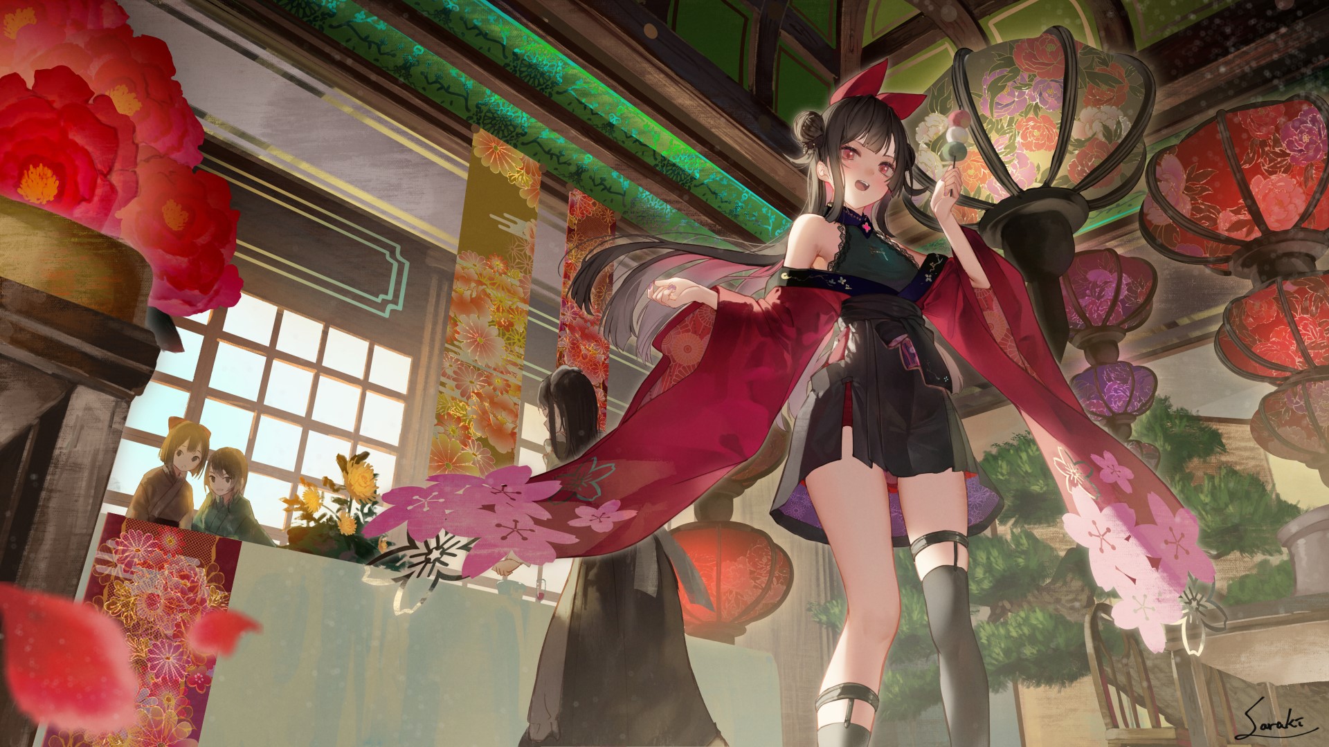 anime girls, original characters, anime, Saraki, flowers HD Wallpaper