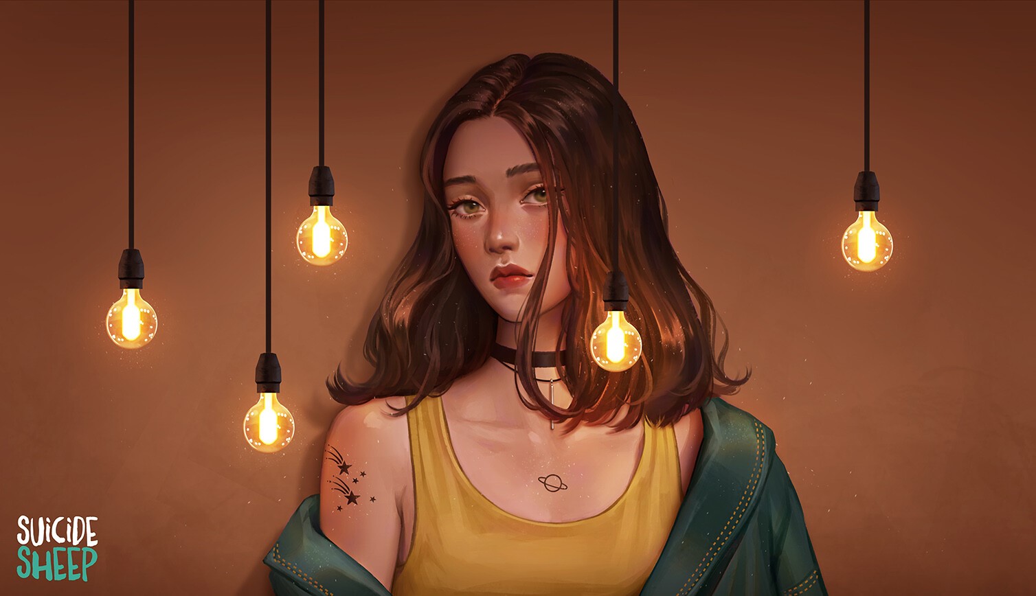 Portrait of a Woman with Light Bulbs Artwork by Karmen Loh HD Wallpaper