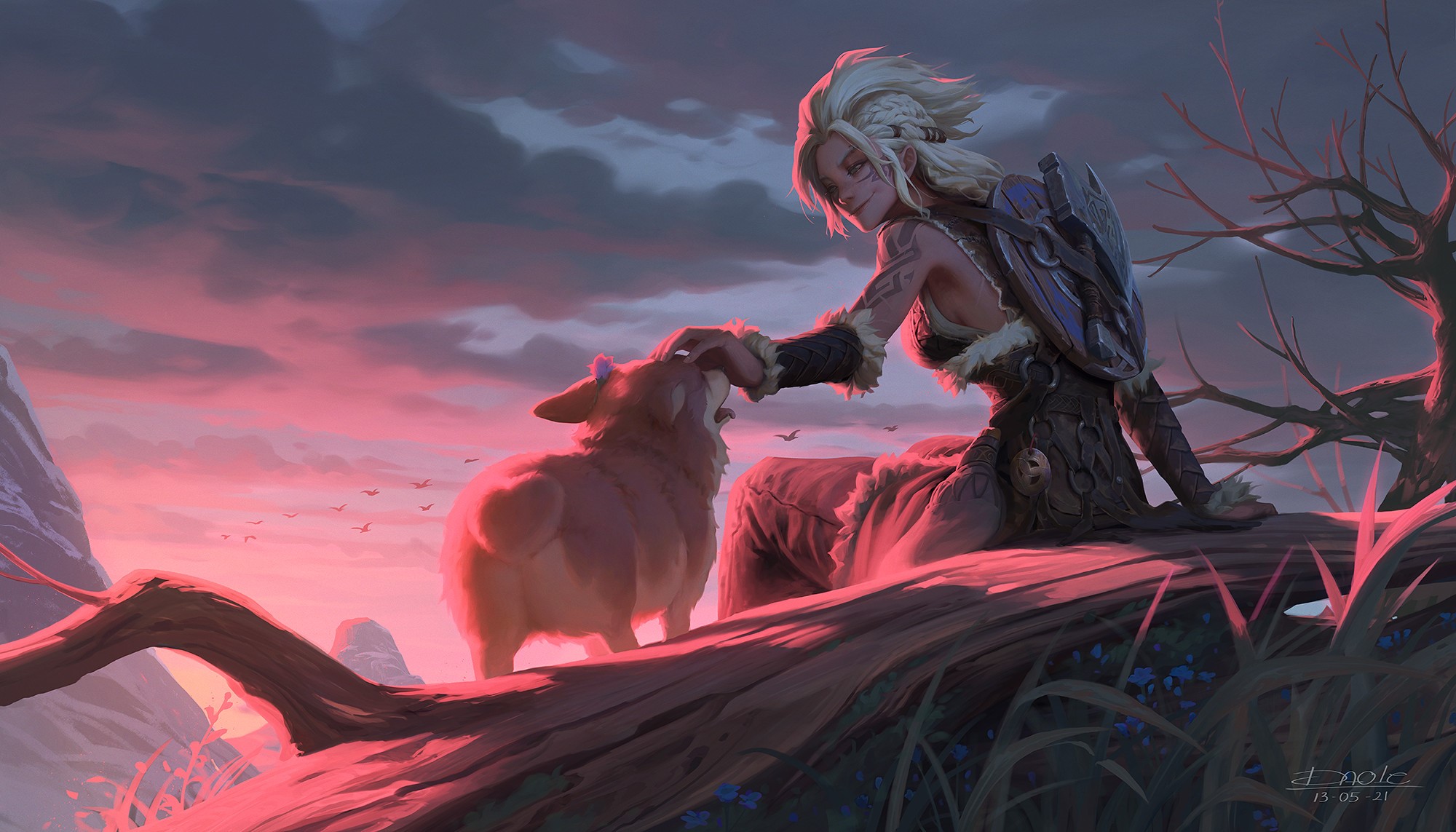 fantasy art, women outdoors, fantasy girl, mammals, Corgi, dog, sitting, animals, Dao Trong Le HD Wallpaper