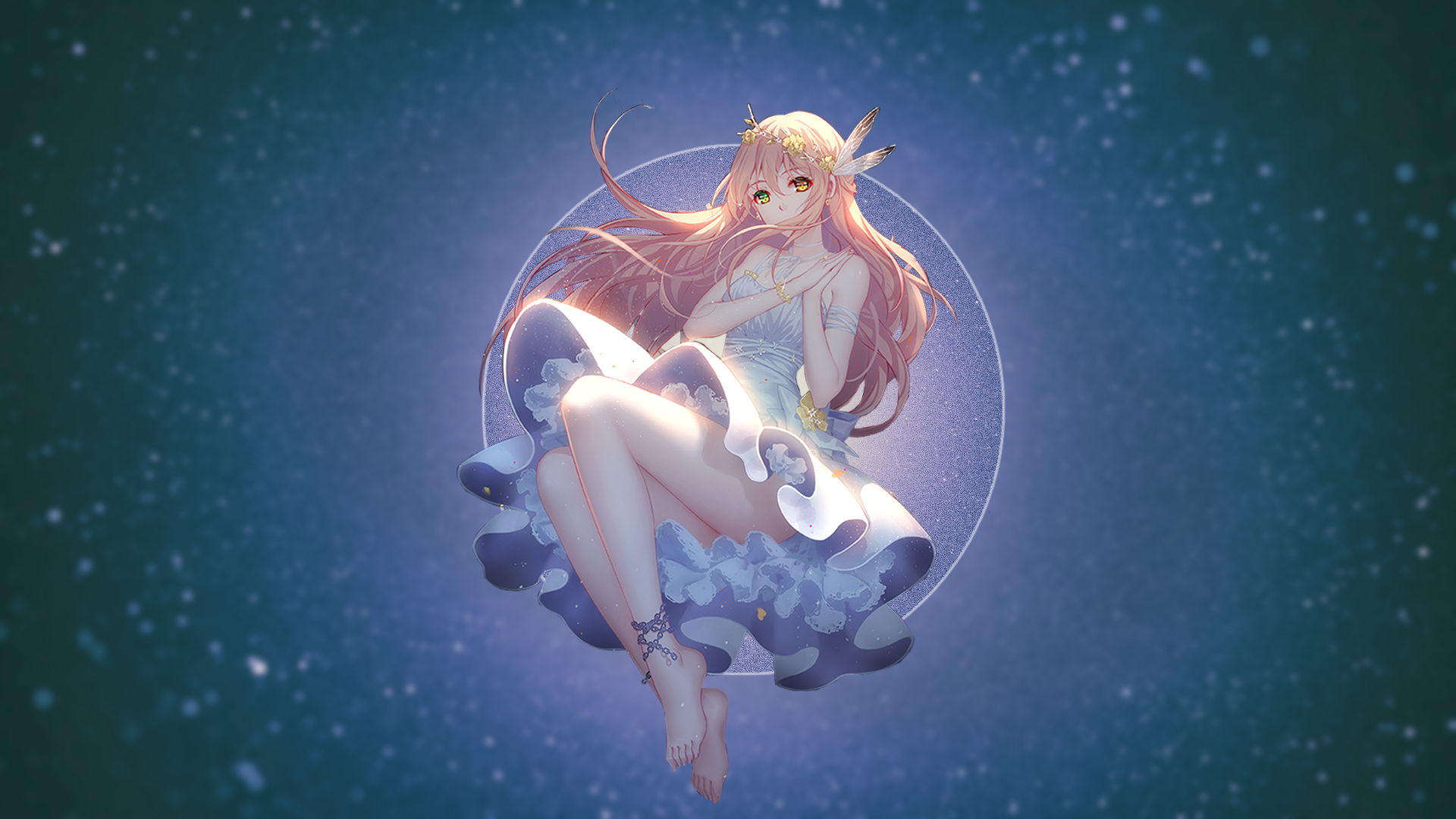 stars, long hair, fantasy art, barefoot, heterochromia, anime, fantasy girl, picture-in-picture, legs together, anime girls HD Wallpaper