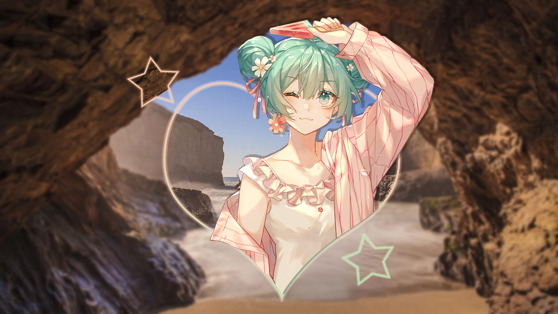 watermelons, picture-in-picture, Hatsune Miku, beach HD Wallpaper
