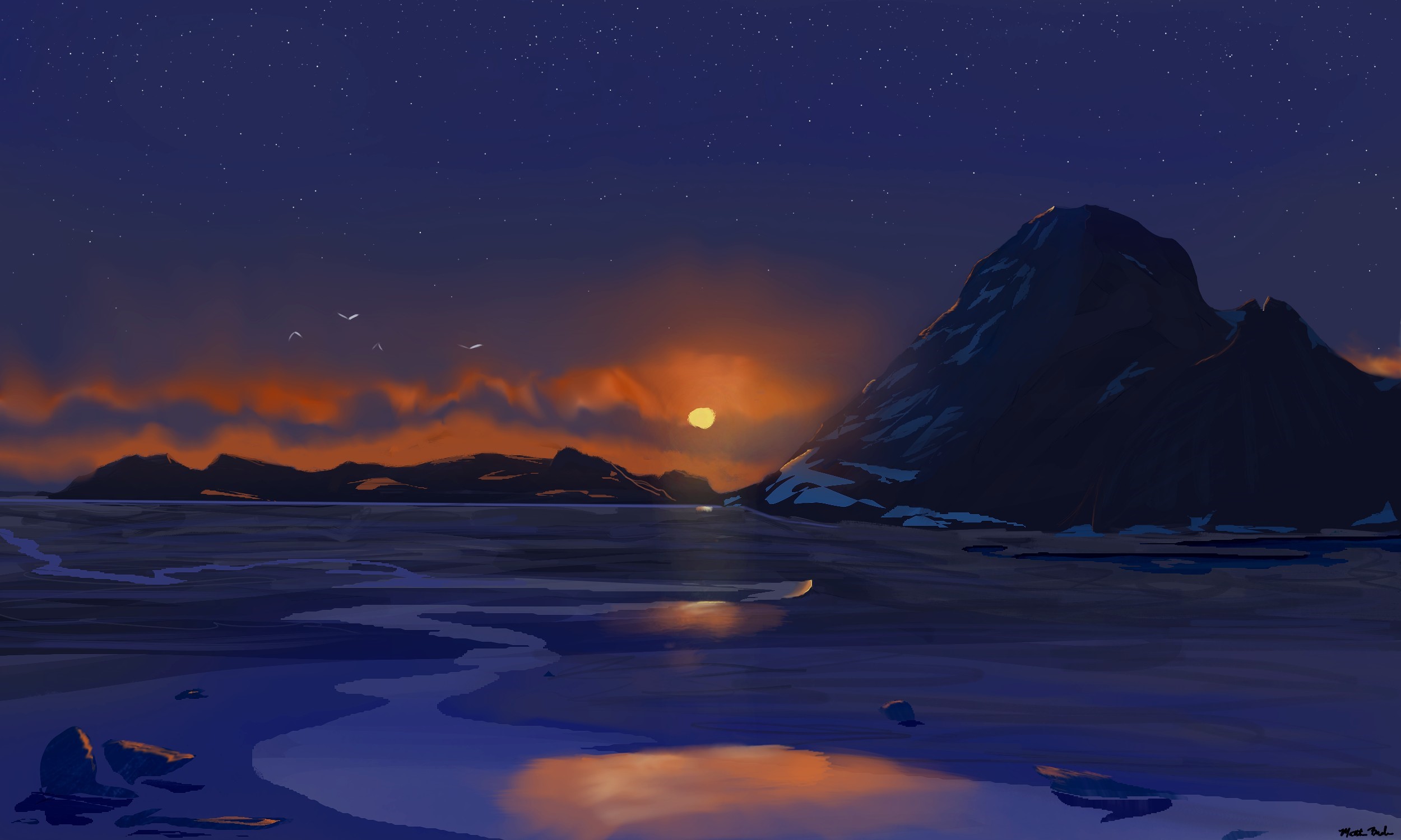 fantasy art, starscape, winter, landscape, digital art, sunset HD Wallpaper