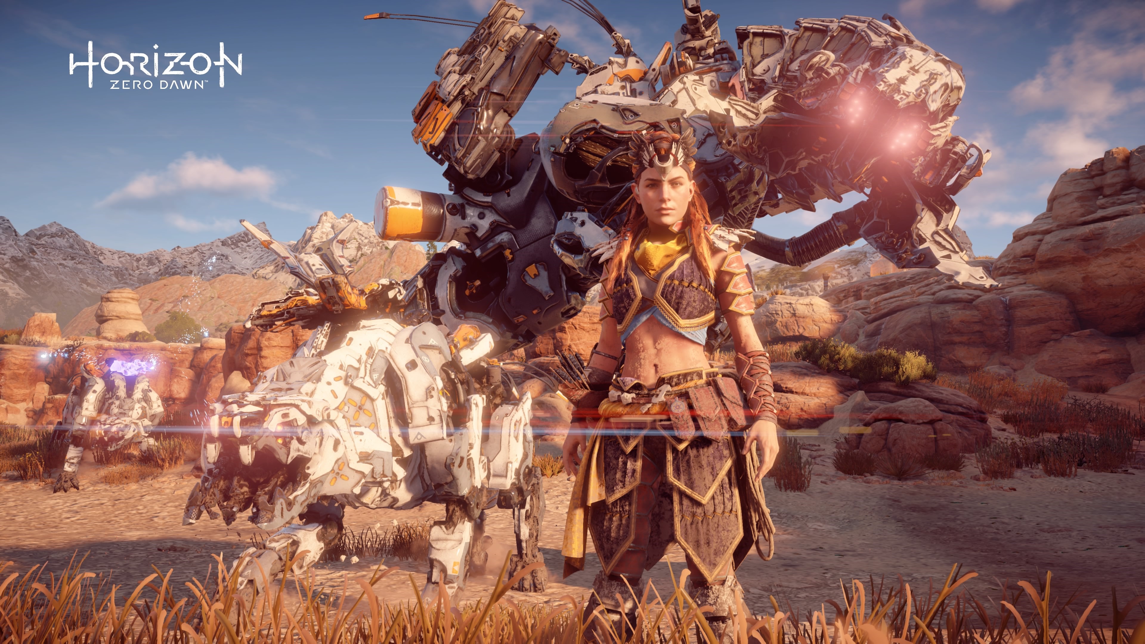 4K, Aloy (Horizon: Zero Dawn), Playstation 4 Pro, machine, fantasy girl, PlayStation, PlayStation 4, Horizon: Zero Dawn, guerrilla games, video games HD Wallpaper