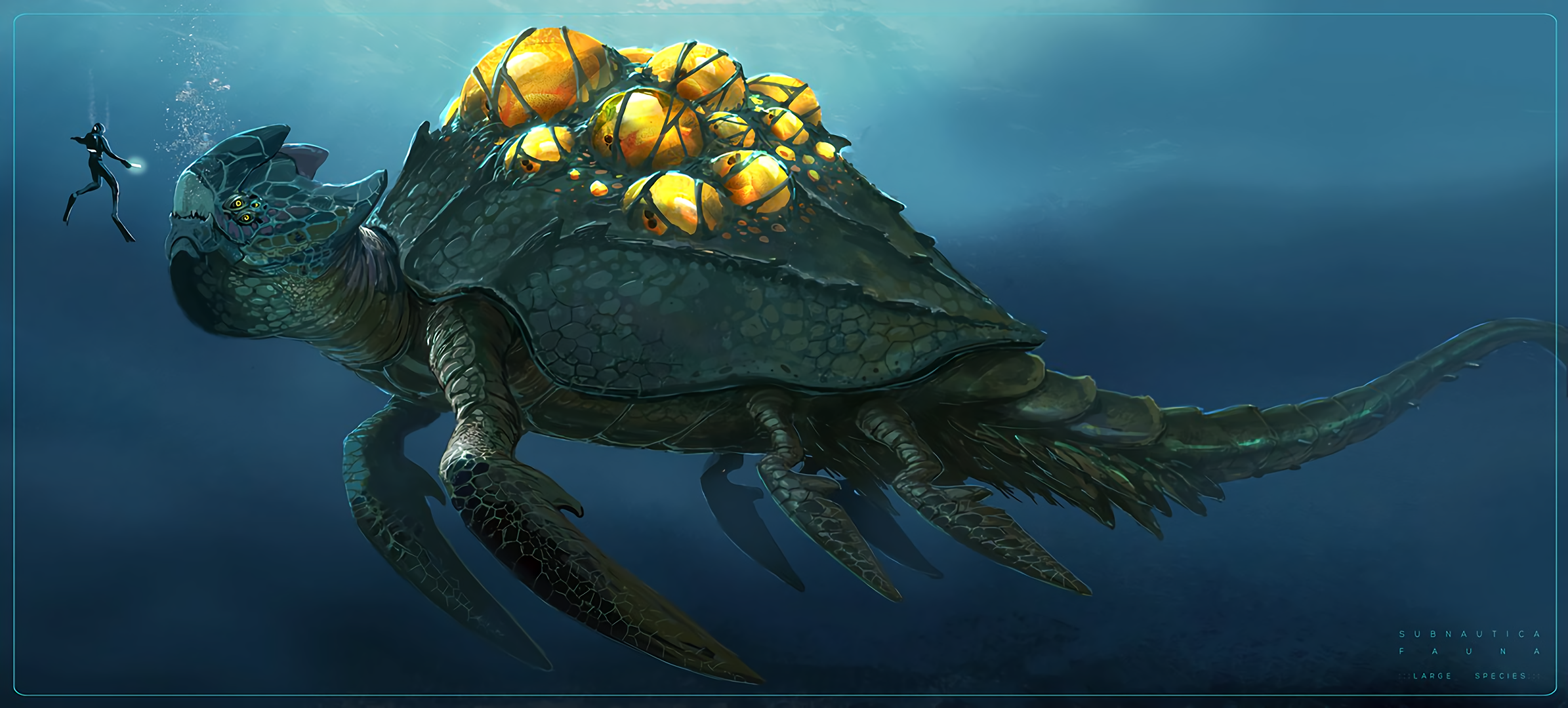 divers, underwater, video games, subnautica, video game art, creature HD Wallpaper