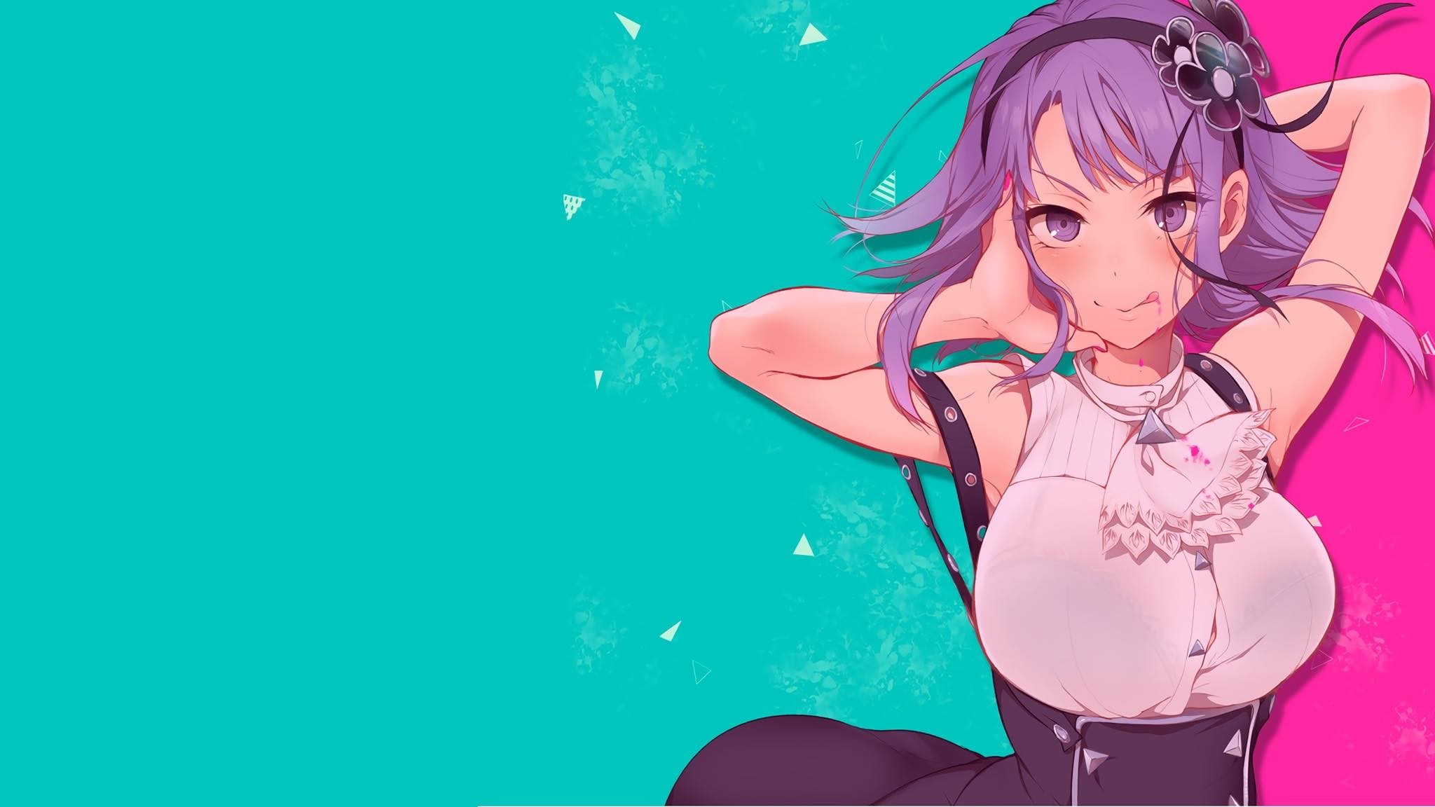 anime girls, Dagashi Kashi, cyan, digital art, pink, Shidare Hotaru, cyan background, Pochi HD Wallpaper
