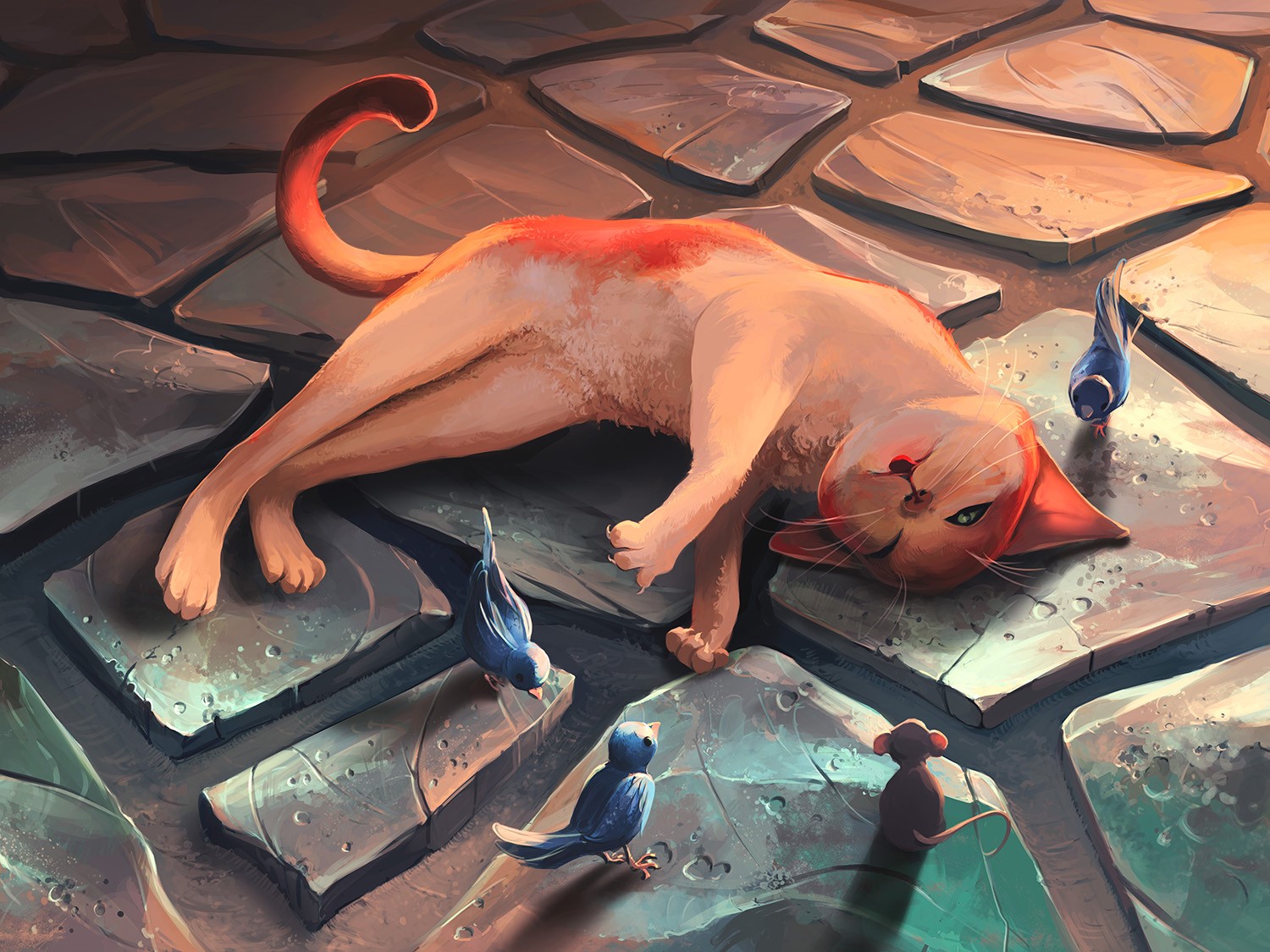 artwork, tongue out, birds, cats, AquaSixio, digital art, drawing, rats, sparrow HD Wallpaper